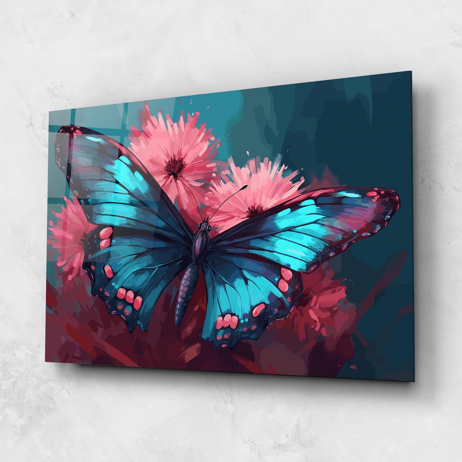 Glasbild Blue Butterfly On Pink mockup 1