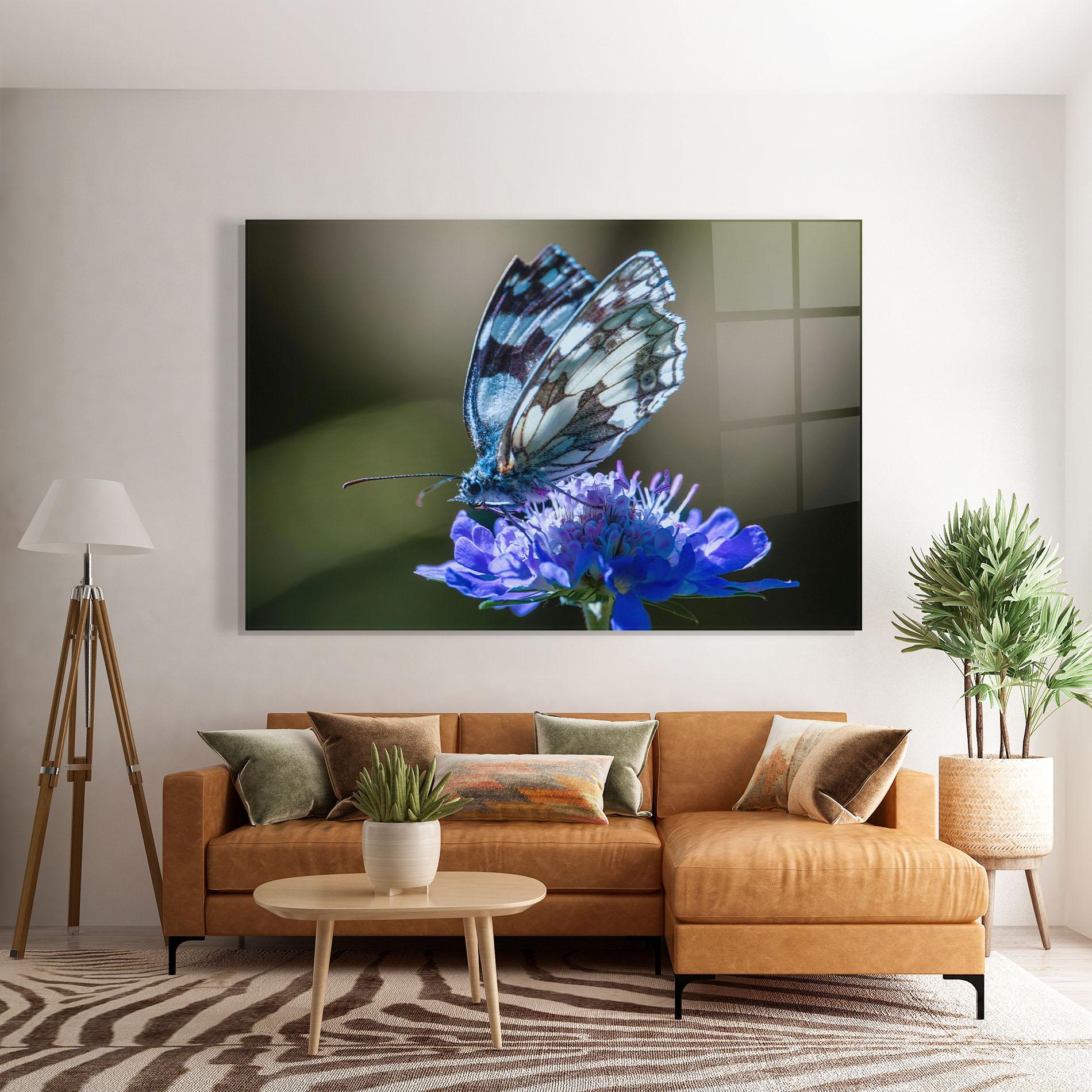 Glasbild Blue Butterfly In Nature mockup 7