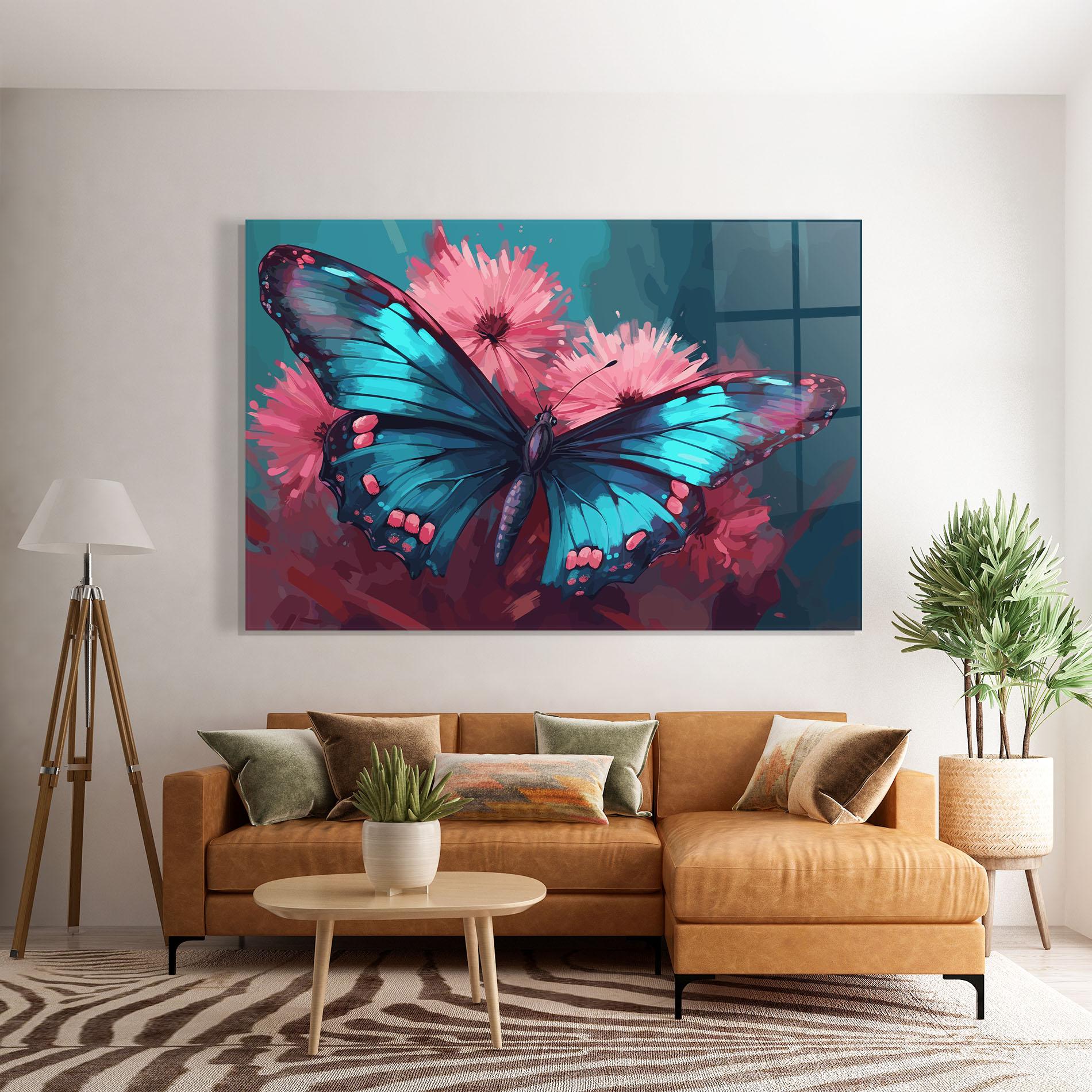 Glasbild Blue Butterfly On Pink mockup 7