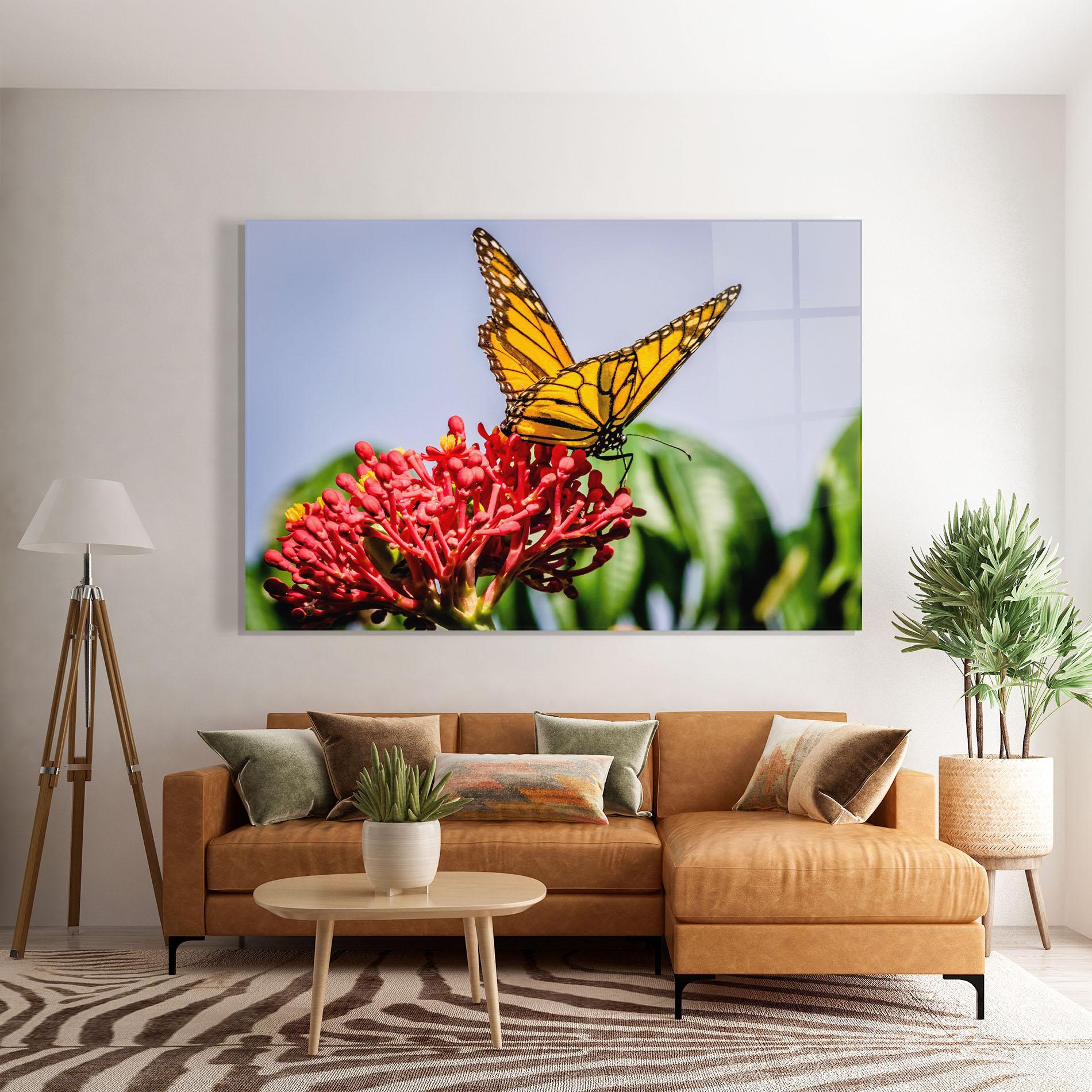 Glasbild Butterfly On Red Flower mockup 7
