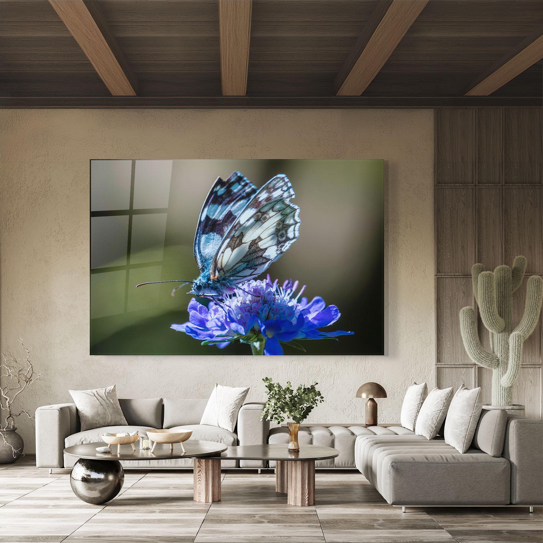 Glasbild Blue Butterfly In Nature mockup 8