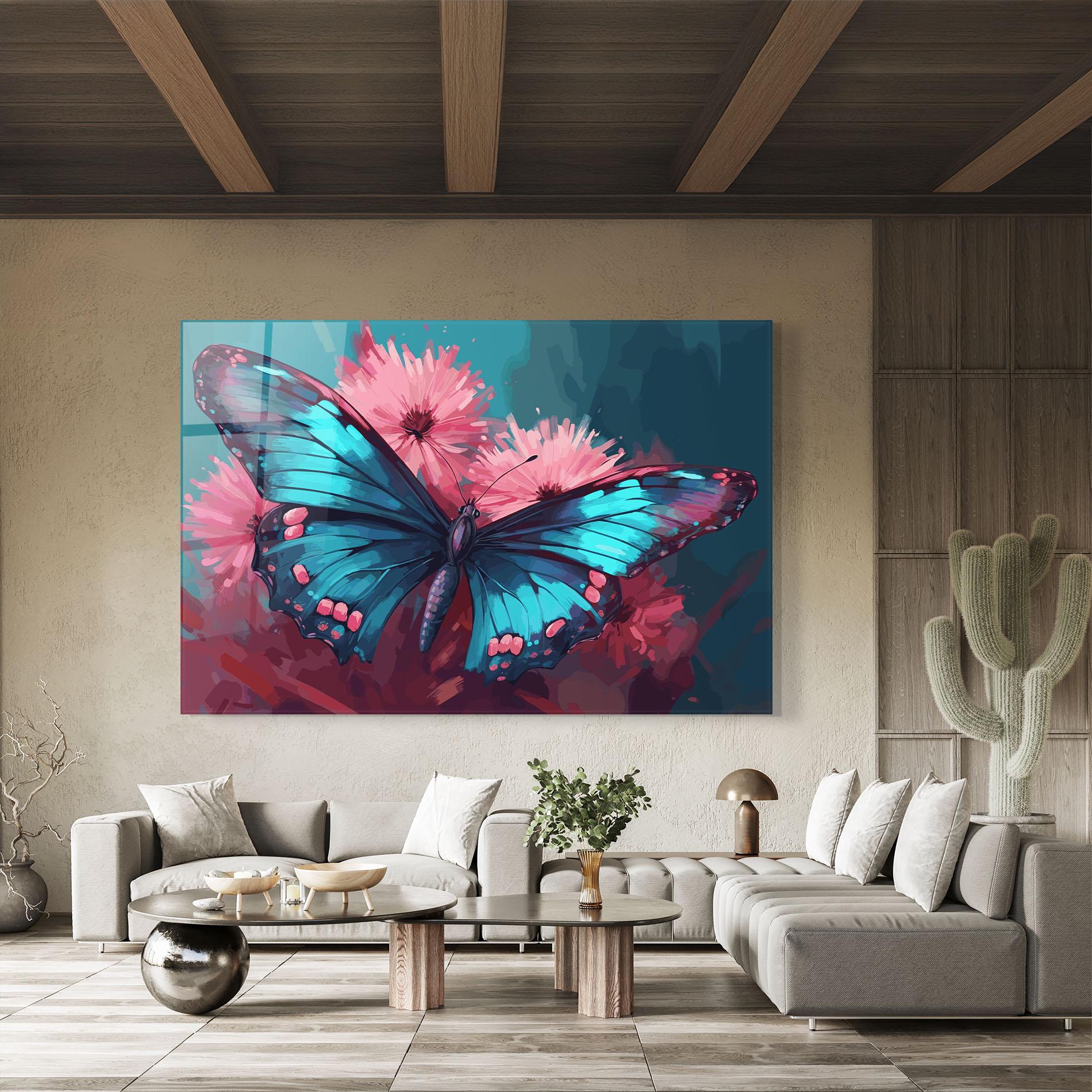 Glasbild Blue Butterfly On Pink mockup 8
