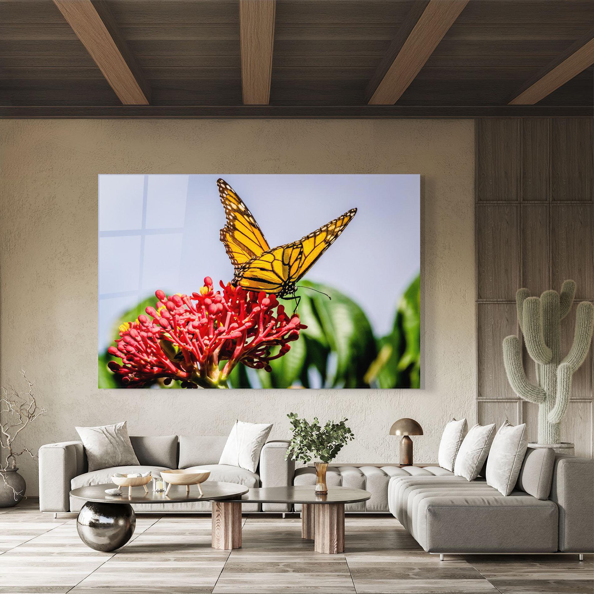 Glasbild Butterfly On Red Flower mockup 8