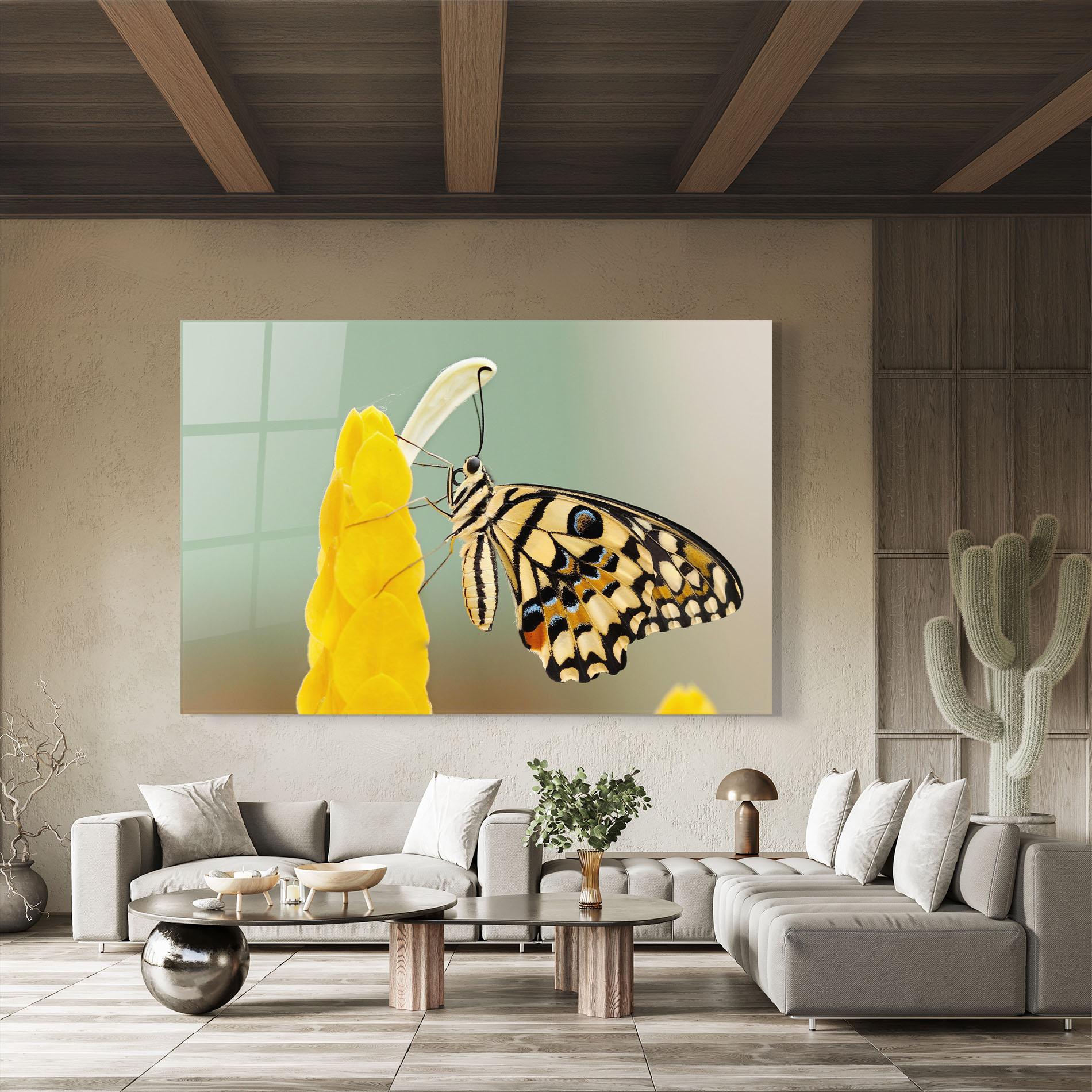 Glasbild Cream Yellow Butterfly mockup 8