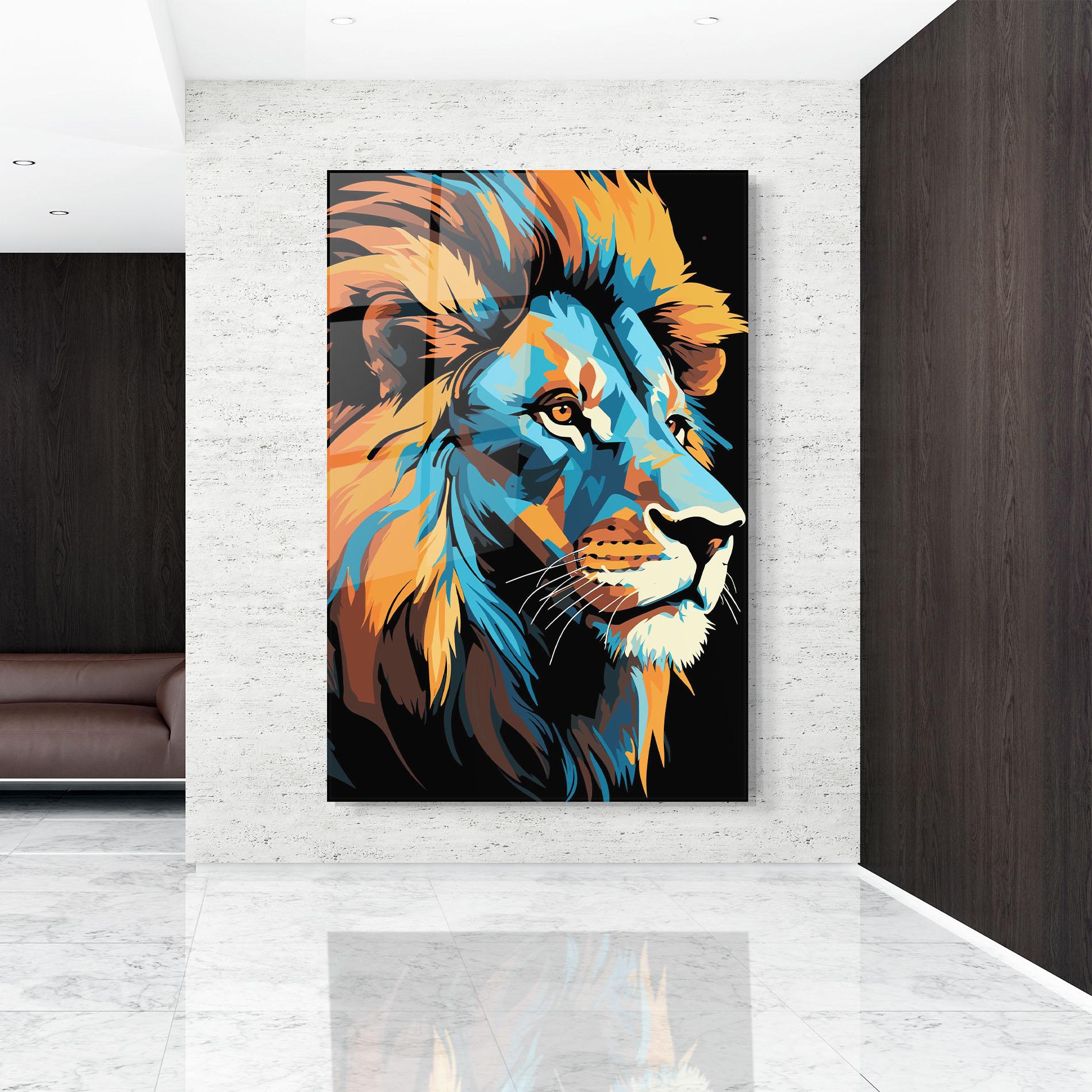 Glasbild Blue Yellow Lion mockup 9