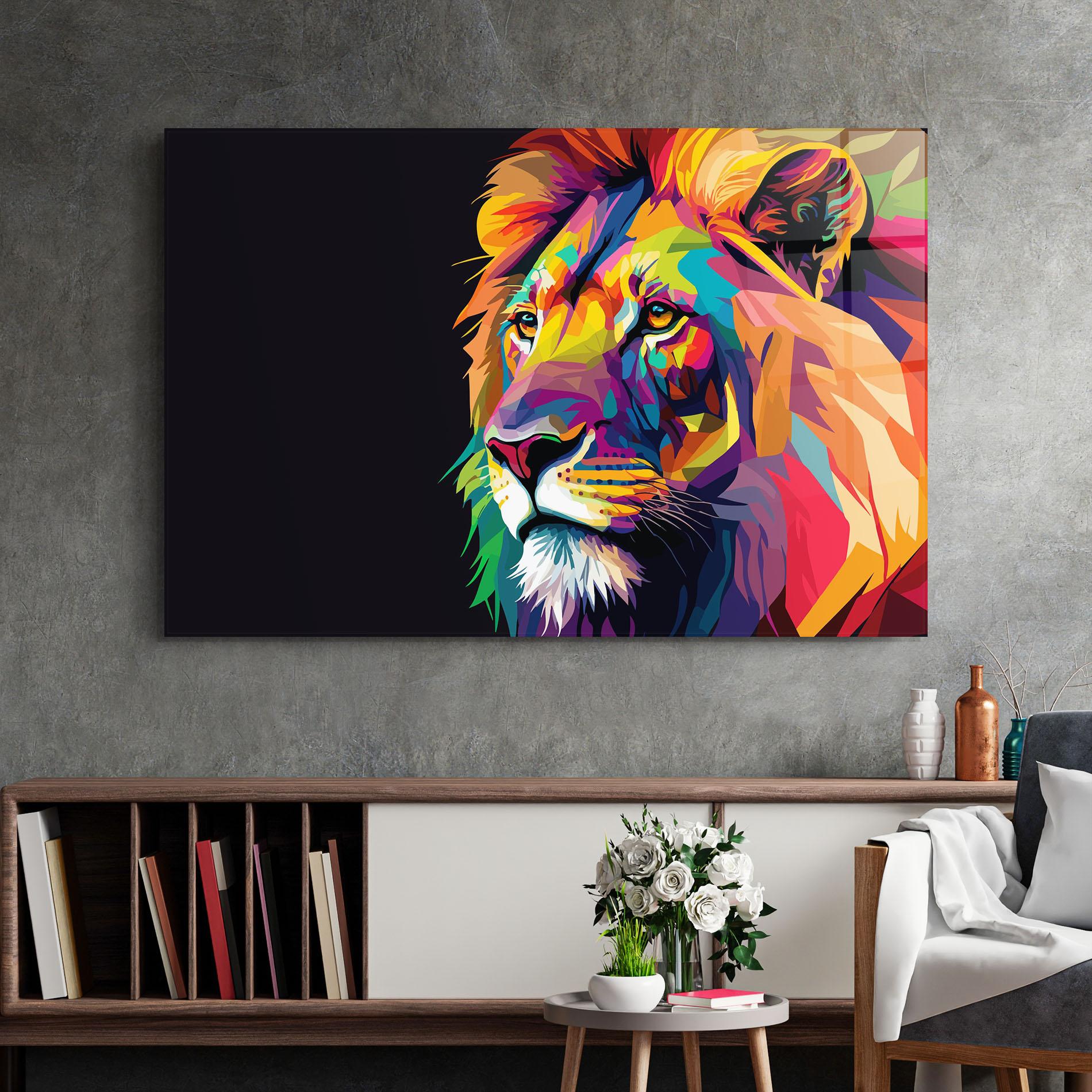 Glasbild Colorful Lion mockup 2