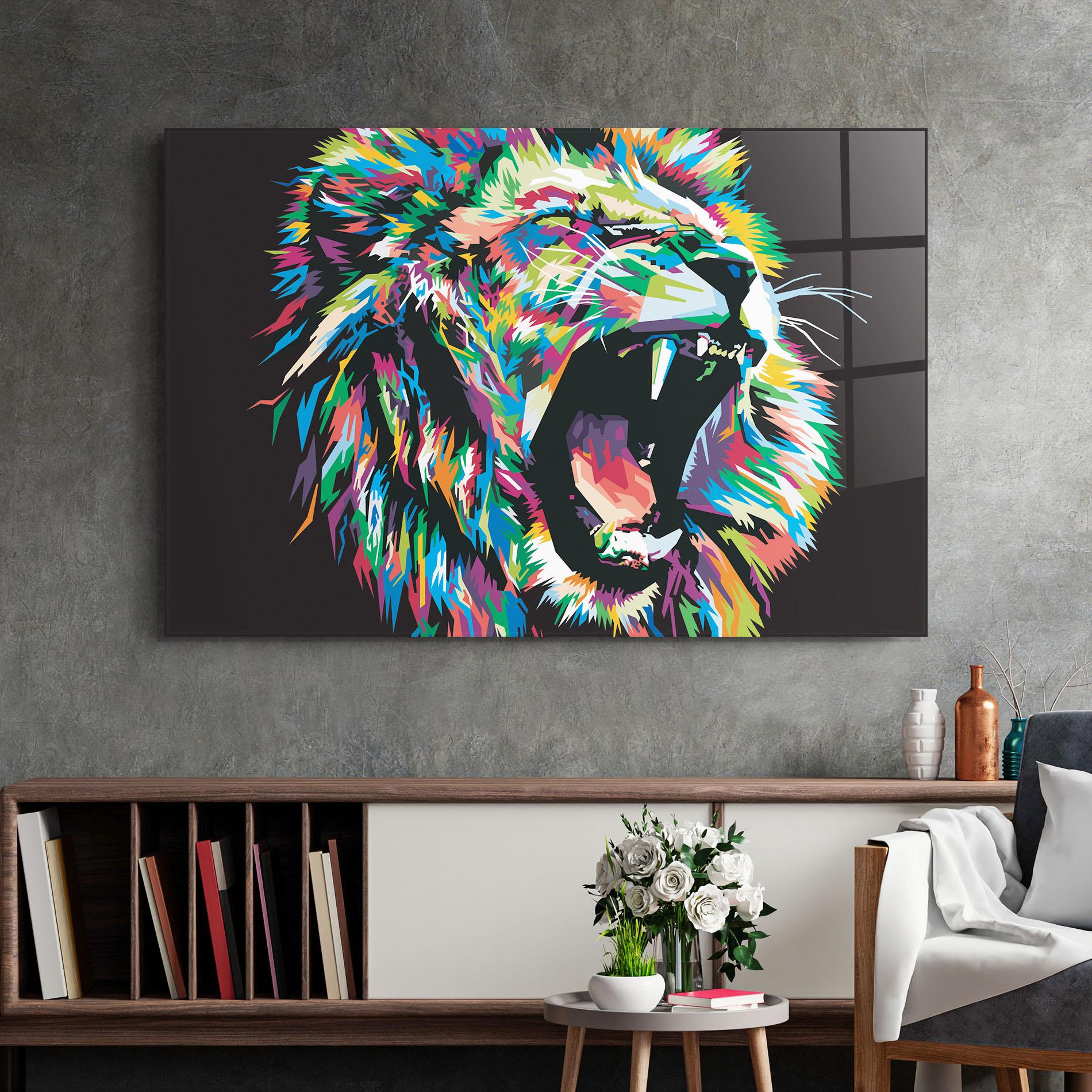 Glasbild Green Blue Lion mockup 2