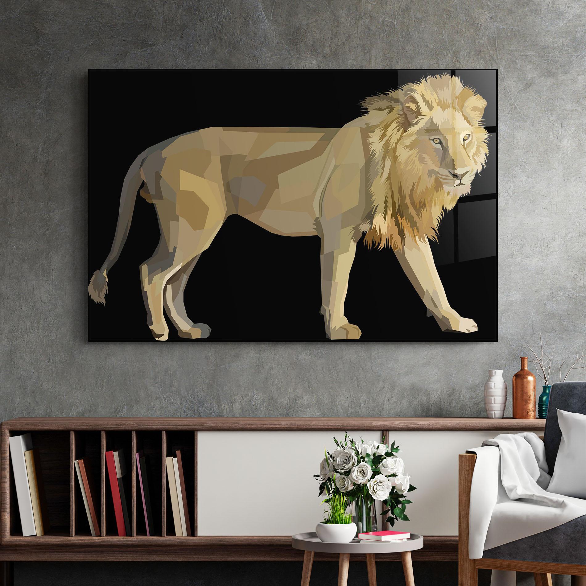 Glasbild Lion Art On Black mockup 2