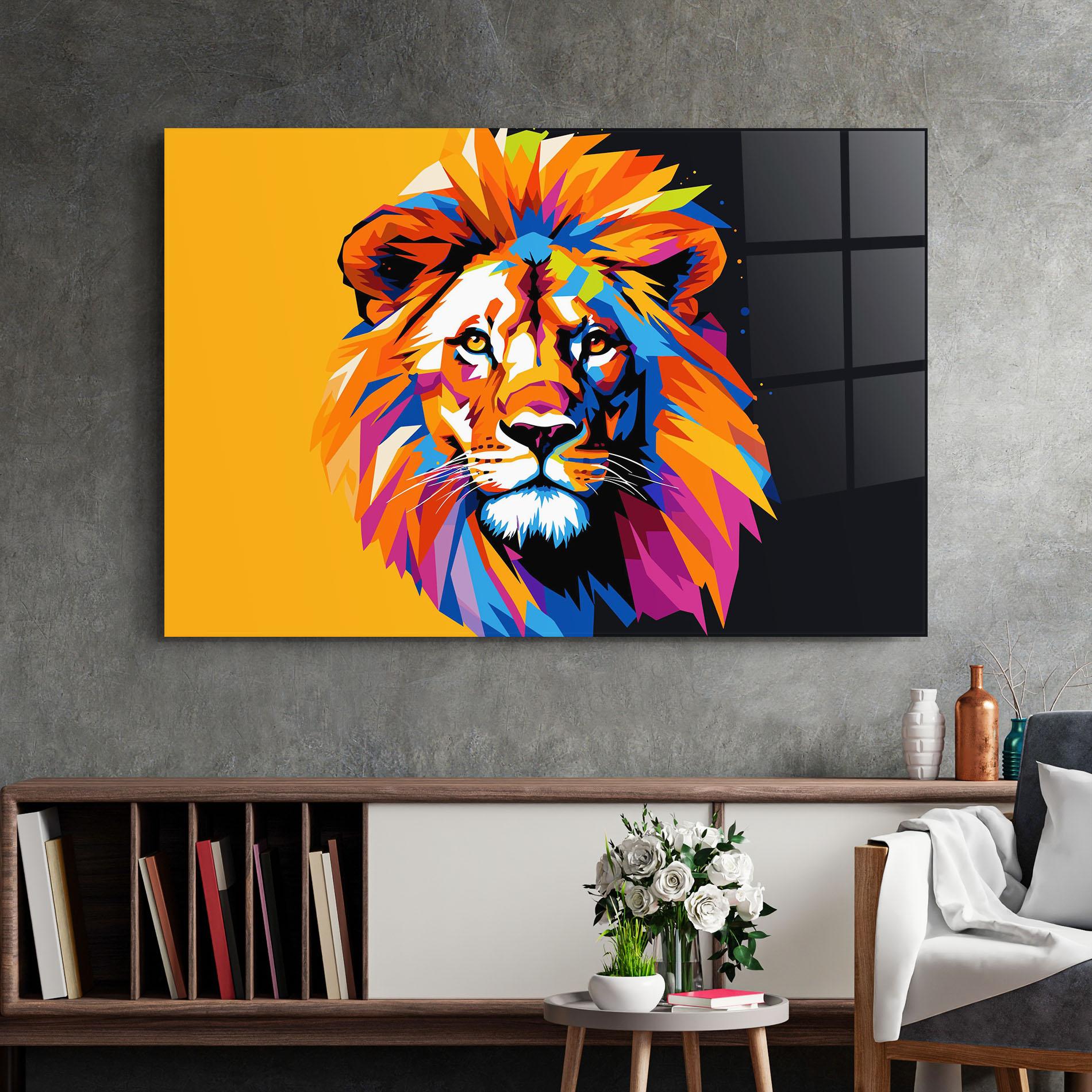 Glasbild Yellow Black Lion mockup 2