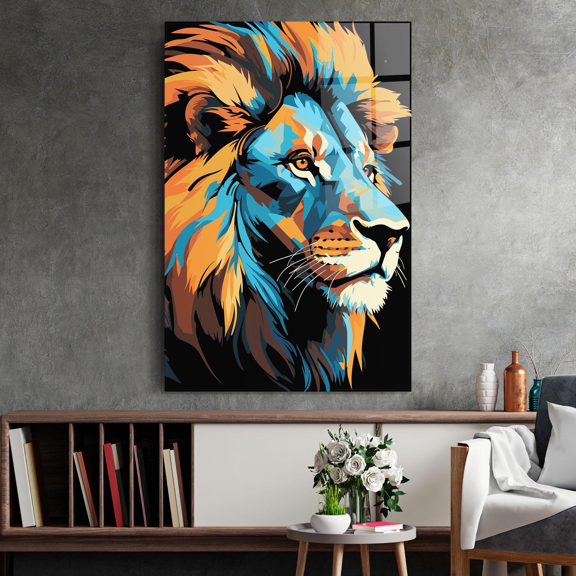 Glasbild Blue Yellow Lion mockup 2