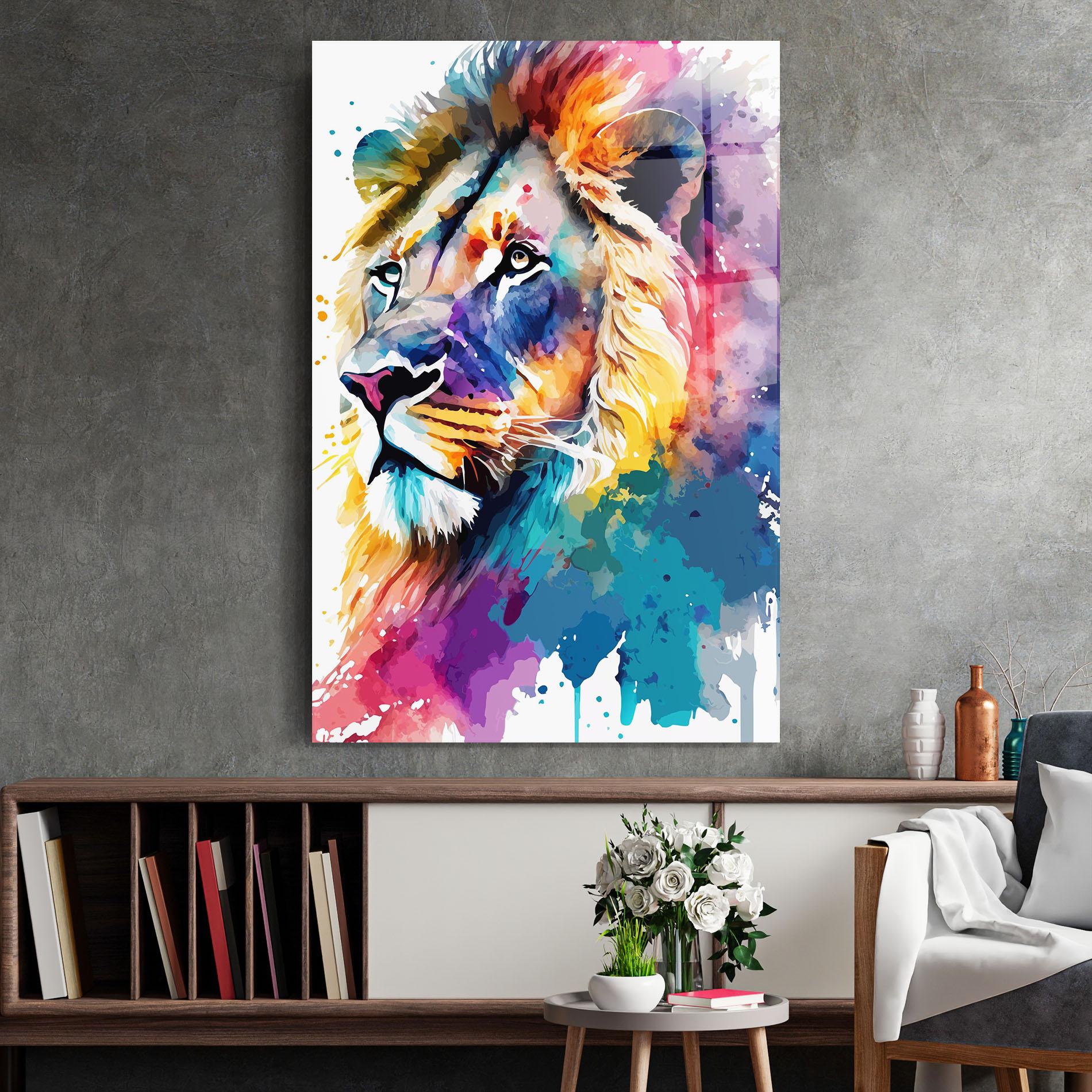 Glasbild Vibrant Color Lion mockup 2