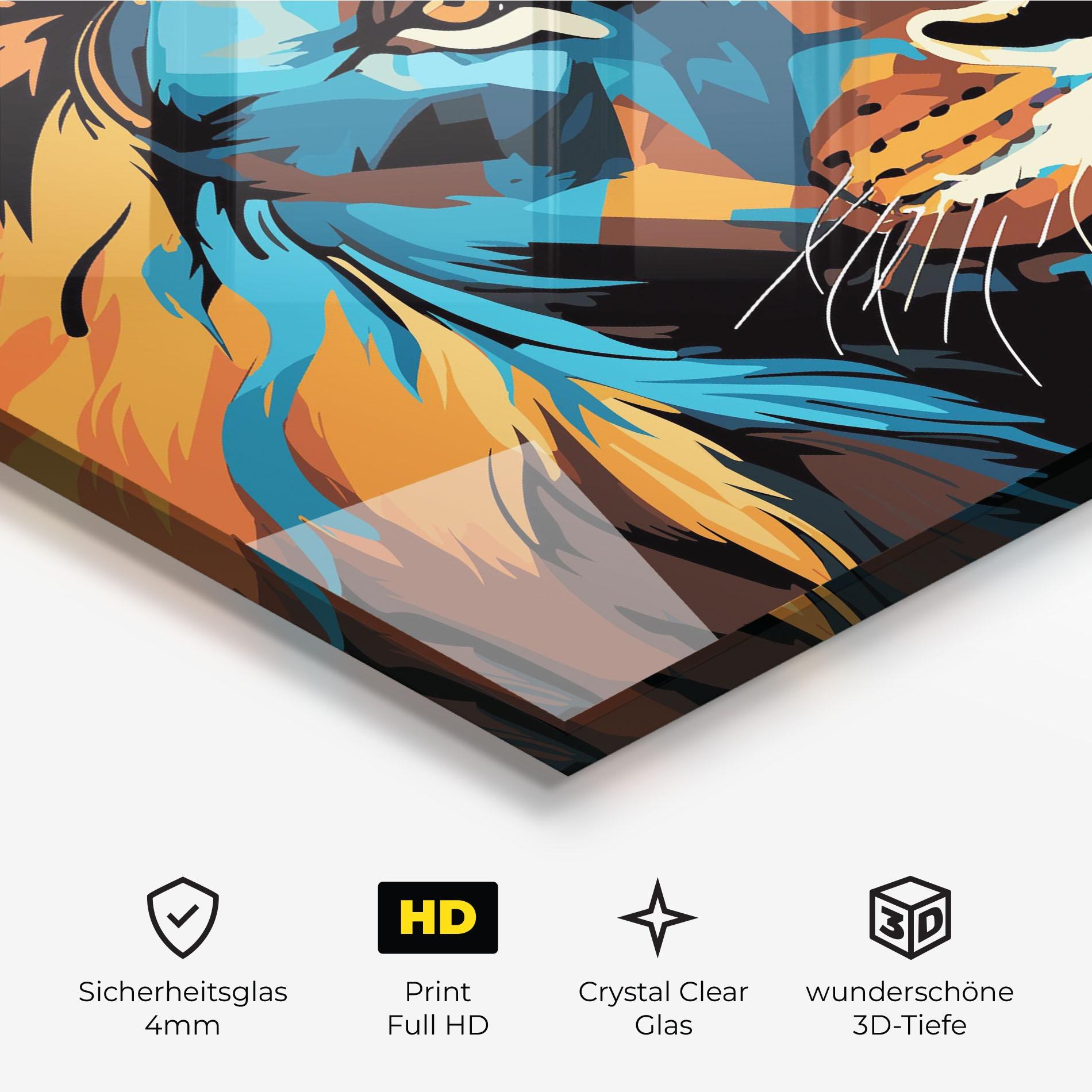 Glasbild Blue Yellow Lion mockup 3