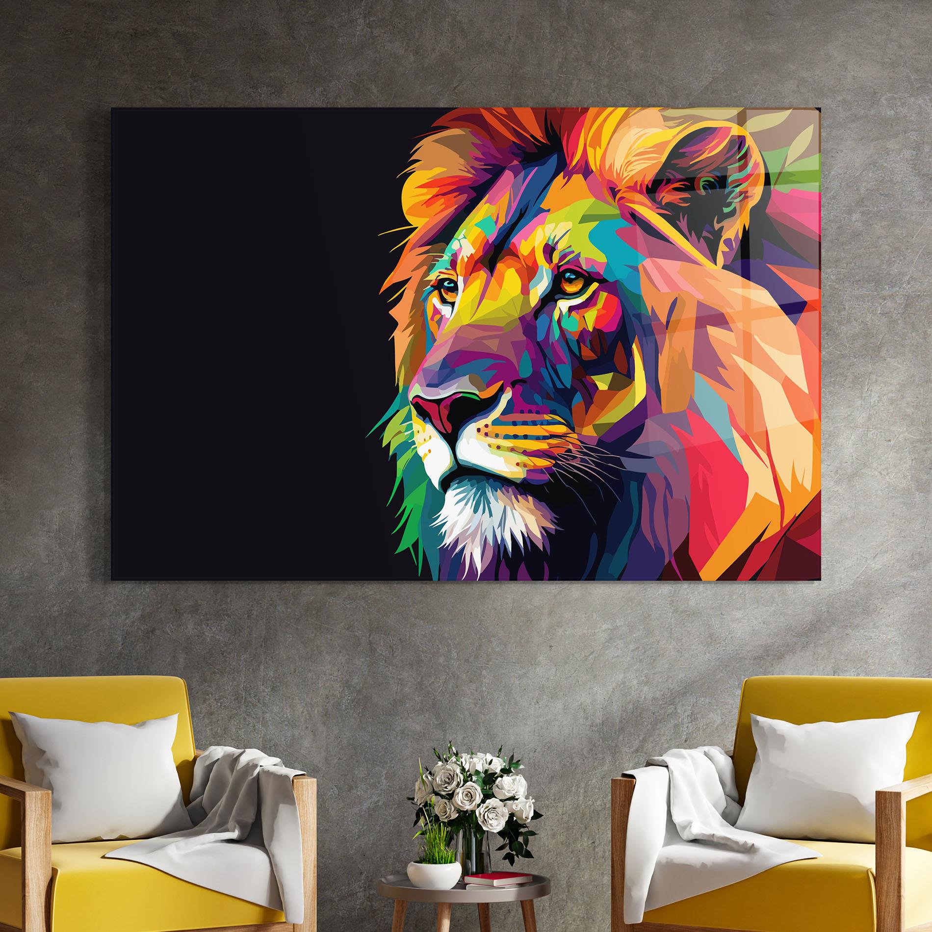 Glasbild Colorful Lion mockup 4