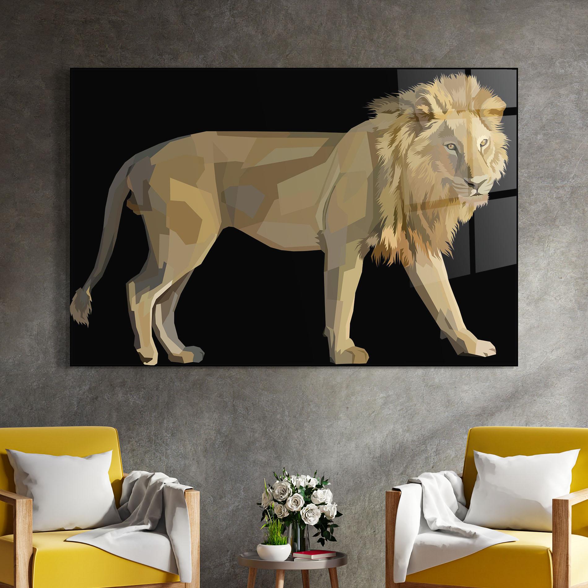 Glasbild Lion Art On Black mockup 4