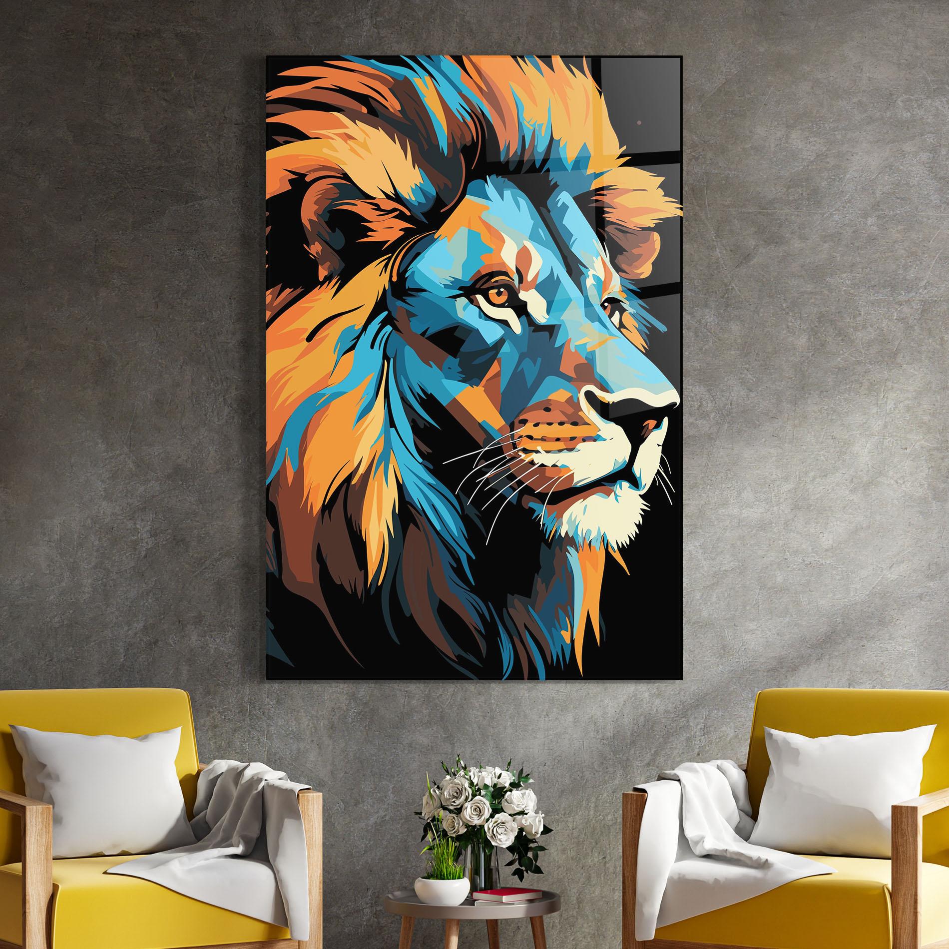 Glasbild Blue Yellow Lion mockup 4