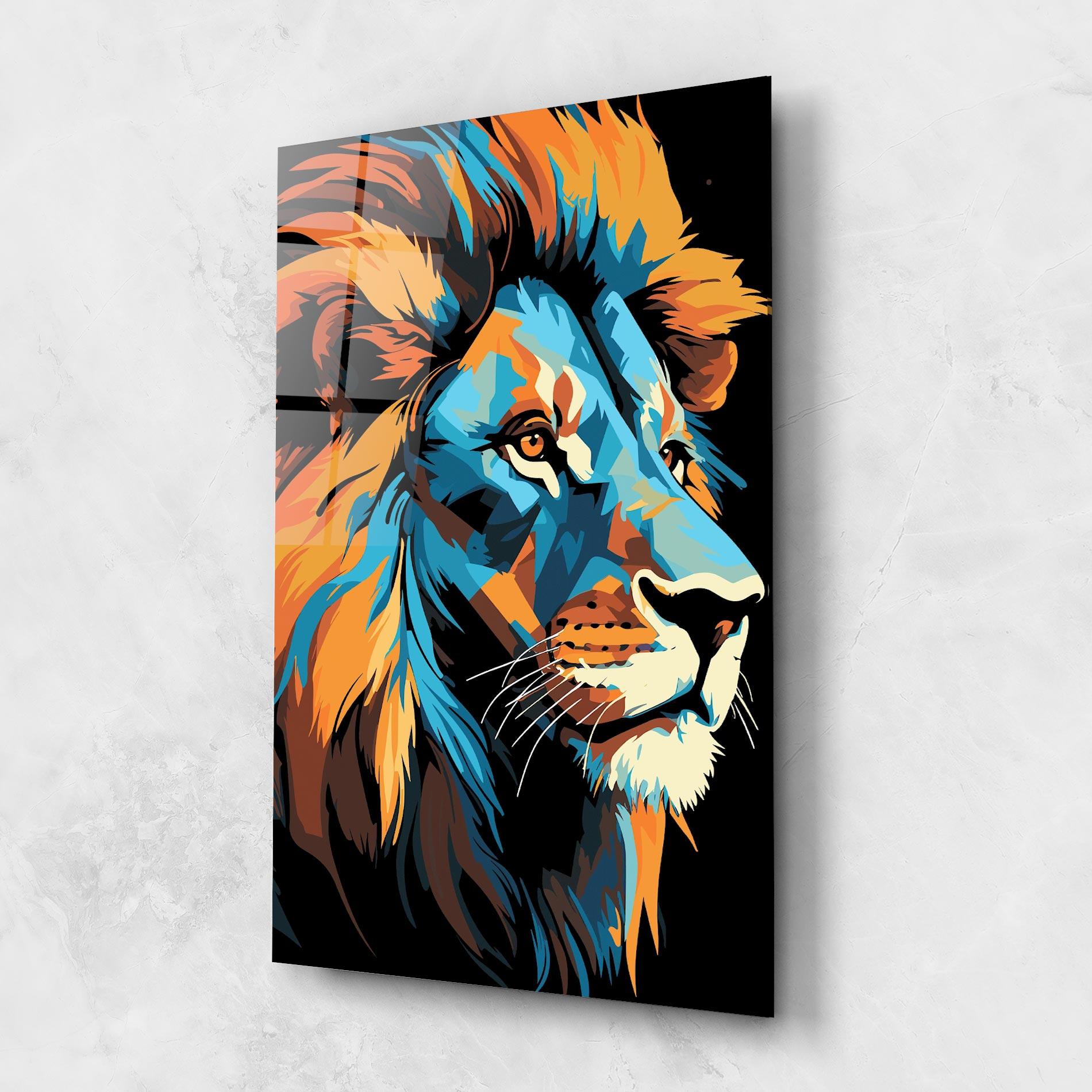Glasbild Blue Yellow Lion mockup 1