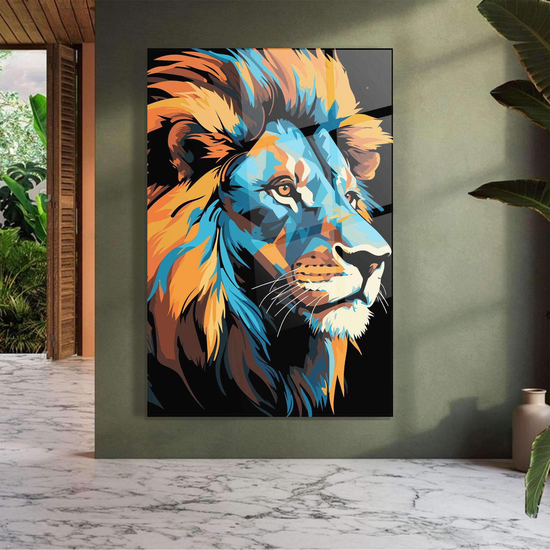 Glasbild Blue Yellow Lion mockup 7