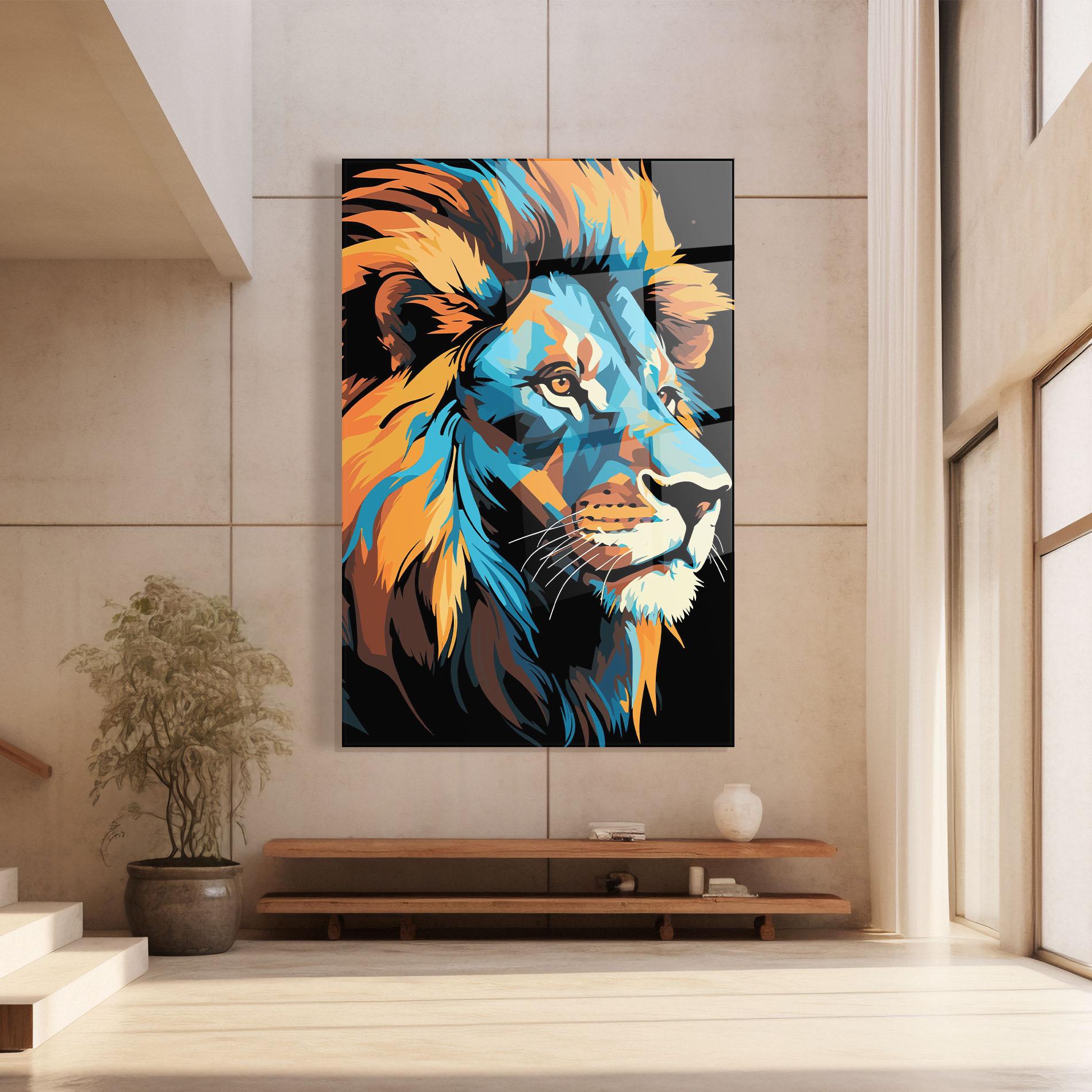 Glasbild Blue Yellow Lion mockup 8