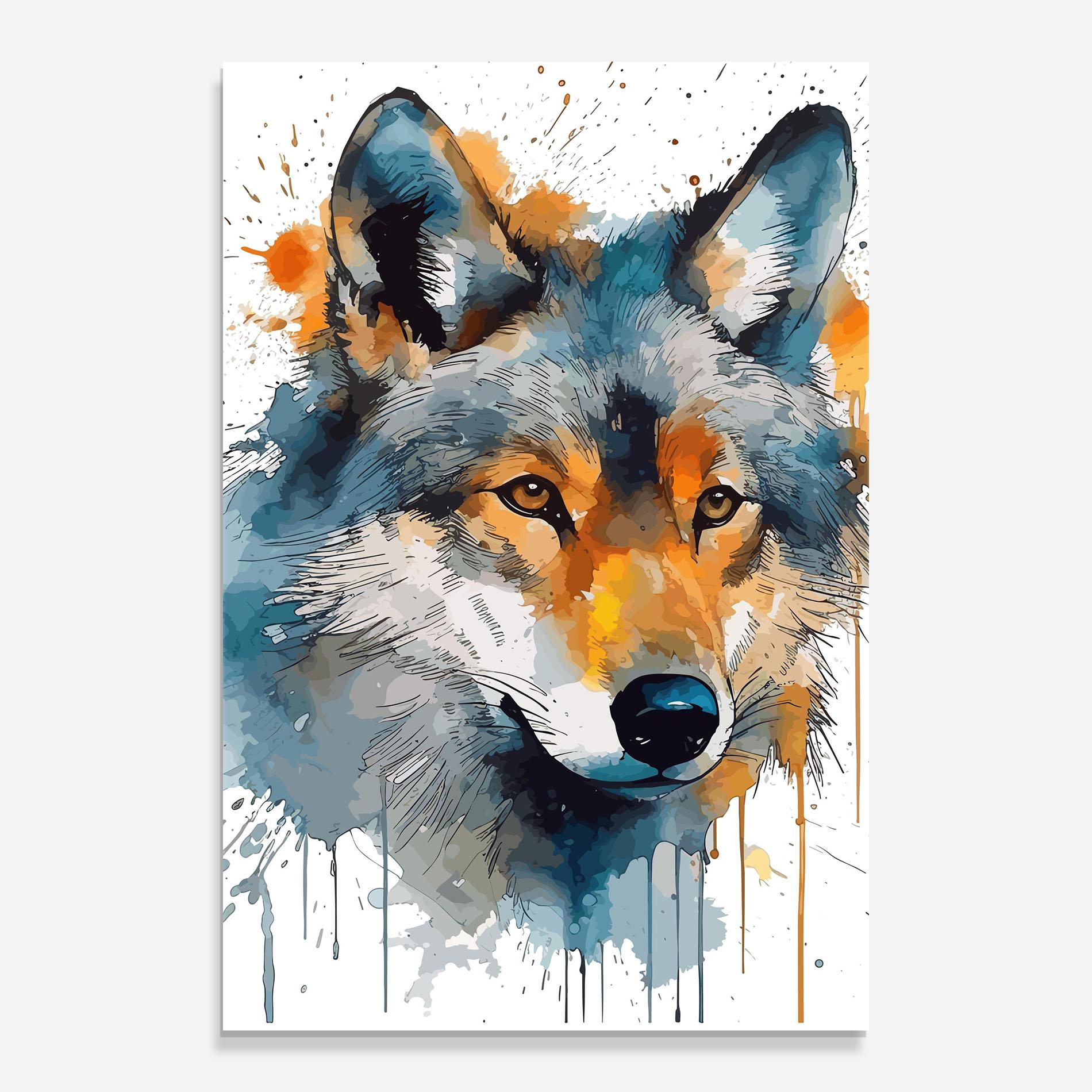 Glasbild Orange Watercolor Wolf mockup 0