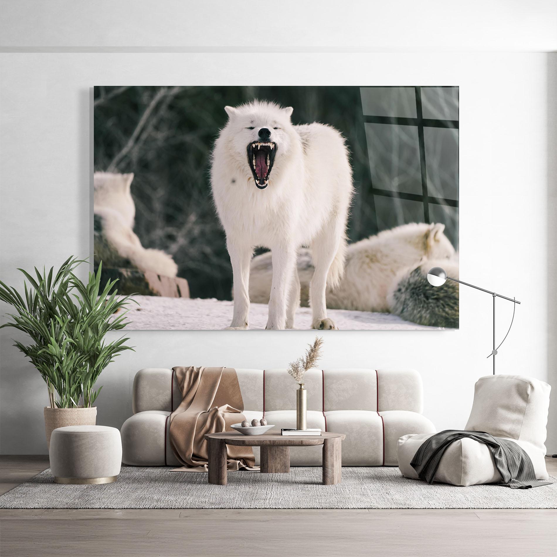 Glasbild Laughing White Wolf mockup 9
