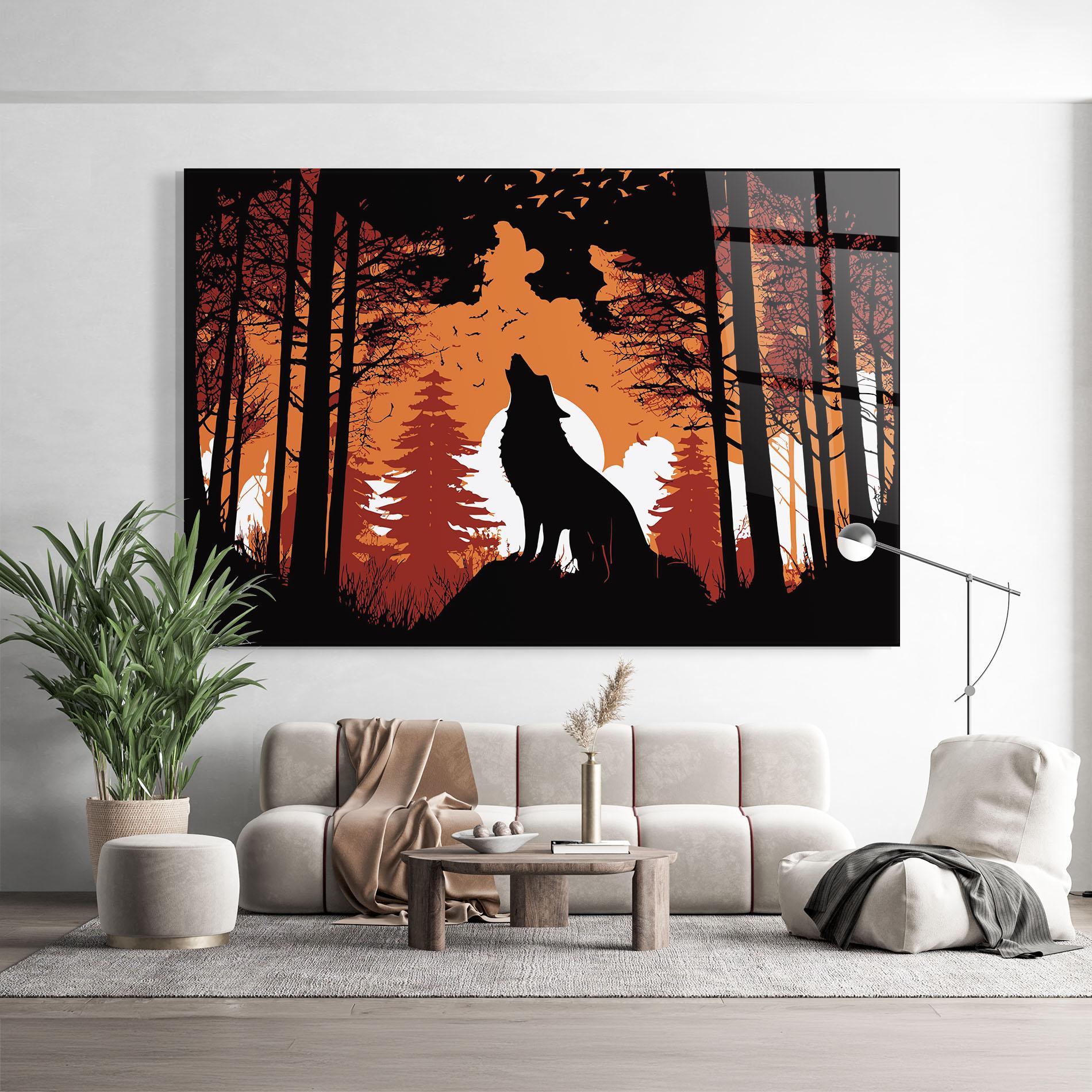 Glasbild Orange Sky Wolf mockup 9