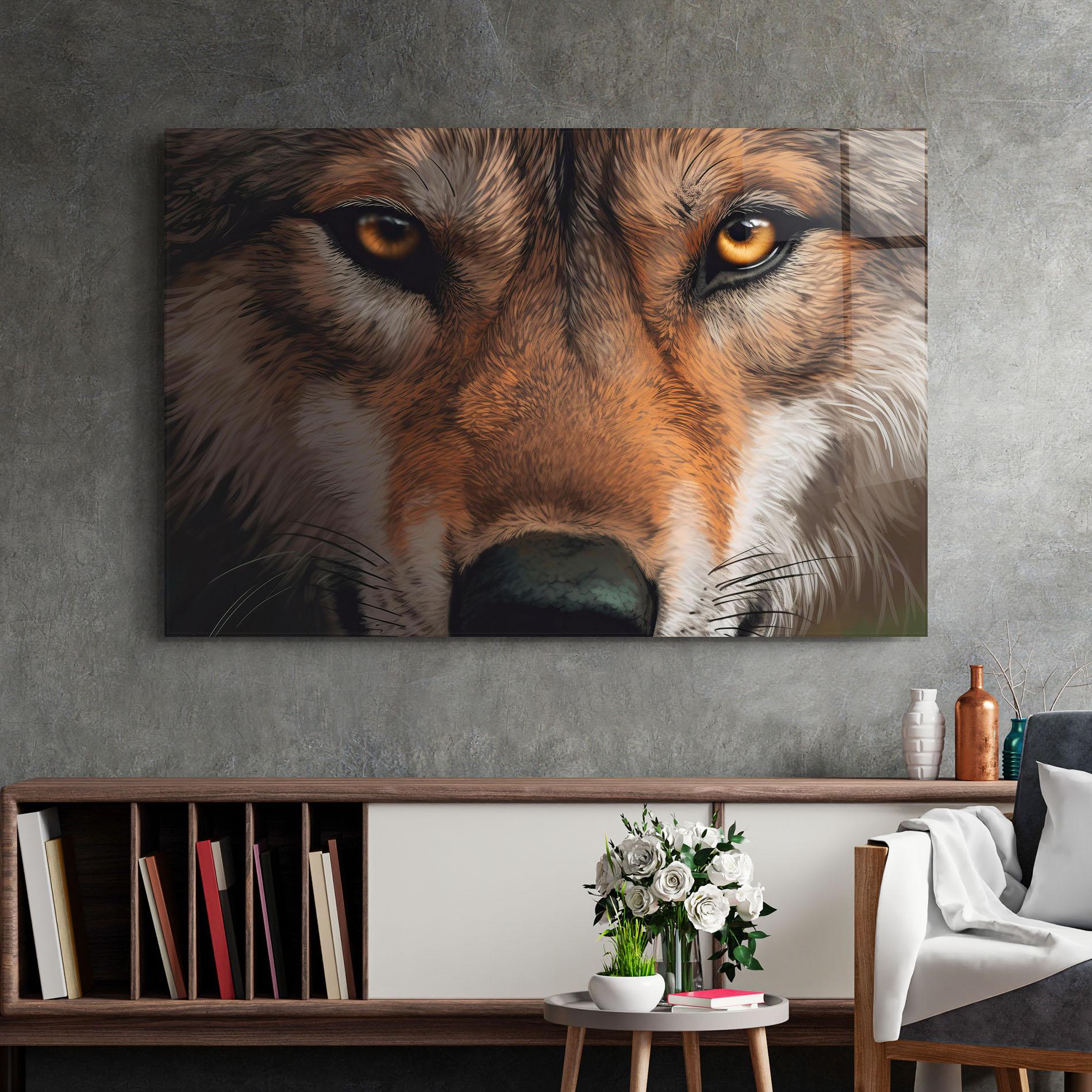 Glasbild Close Up Wolf Eyes mockup 2