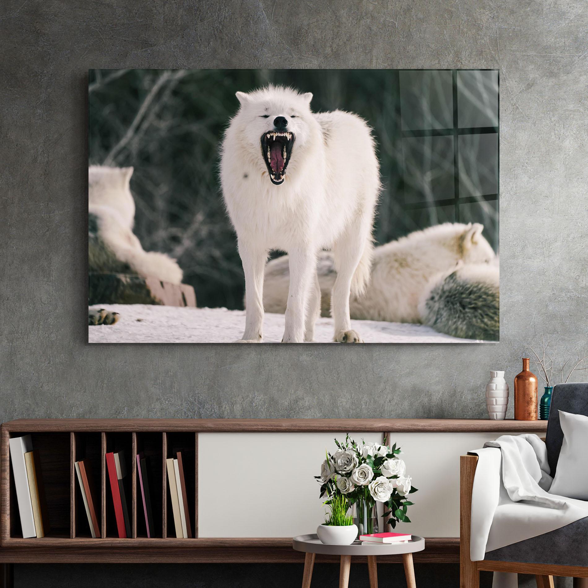 Glasbild Laughing White Wolf mockup 2