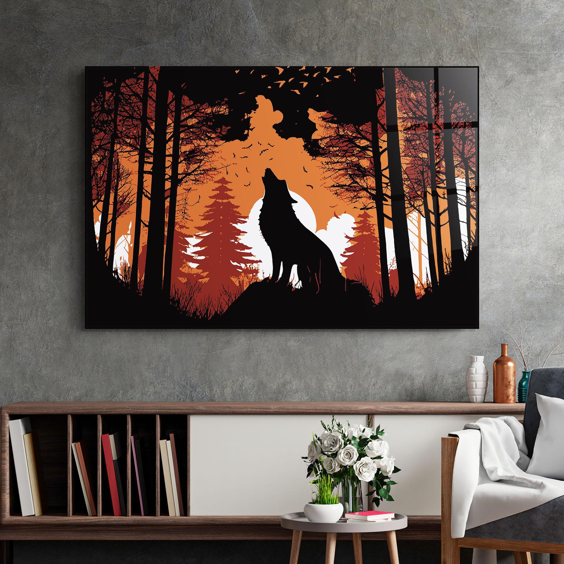 Glasbild Orange Sky Wolf mockup 2