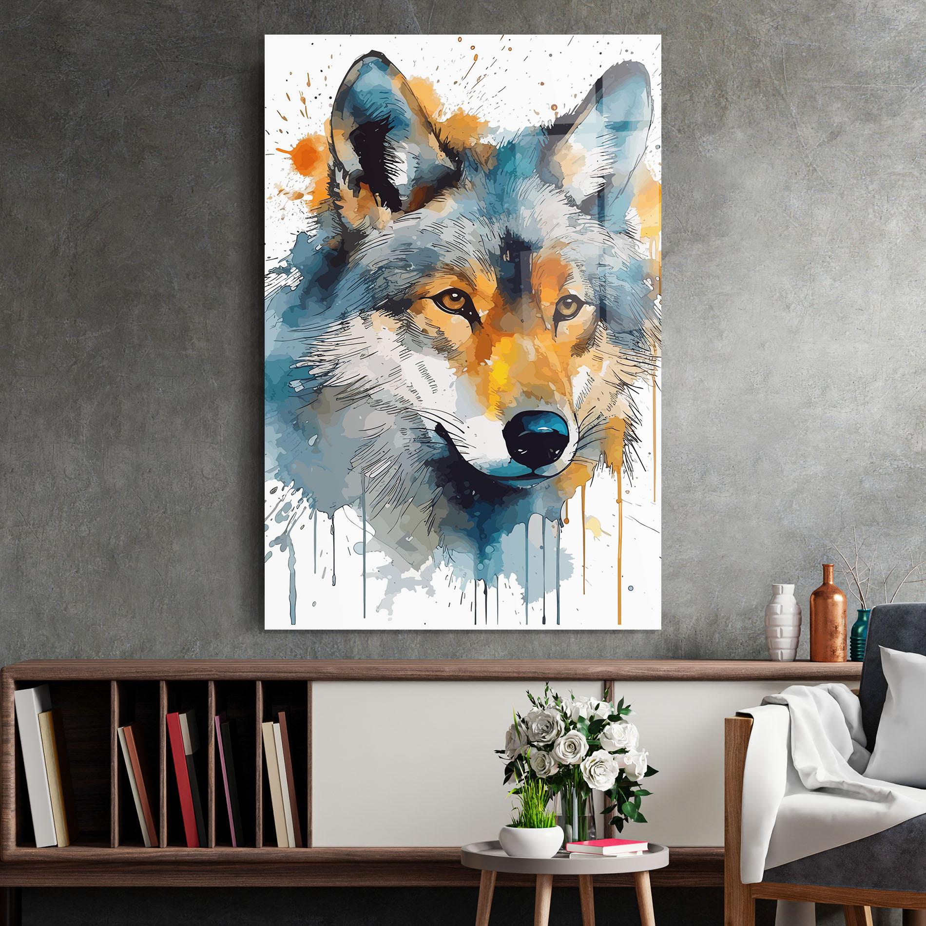 Glasbild Orange Watercolor Wolf mockup 2