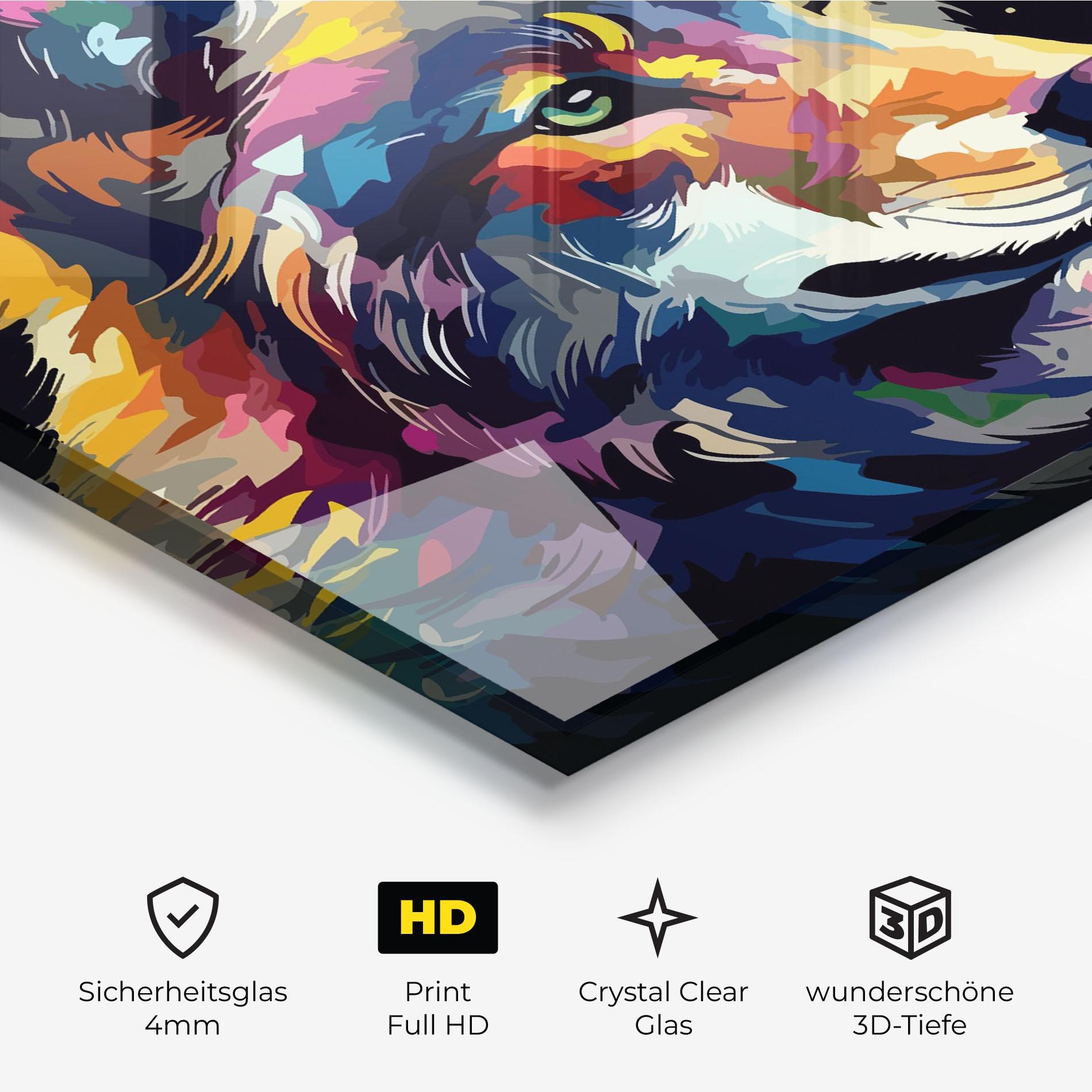 Glasbild Painted Wolf mockup 3