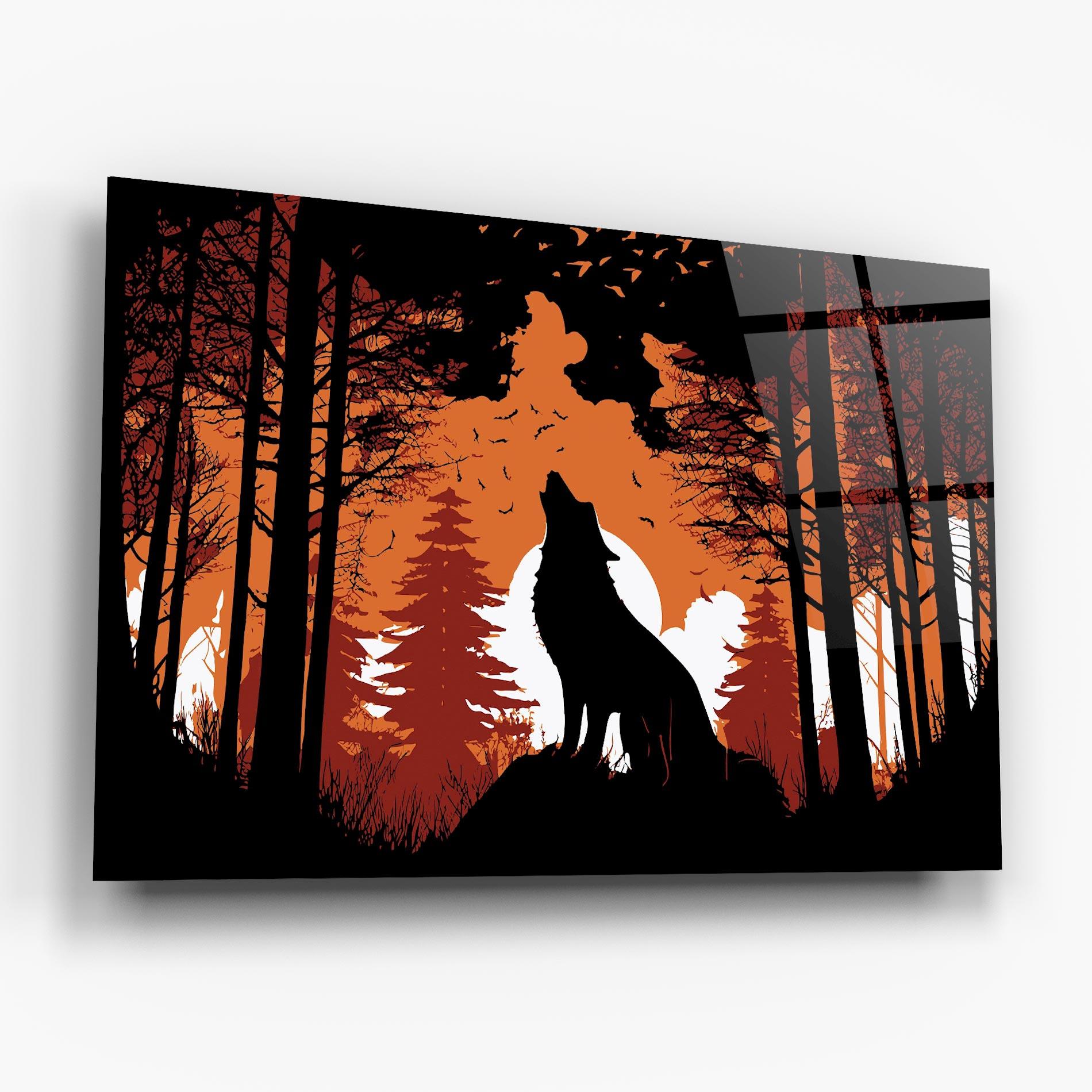 Glasbild Orange Sky Wolf mockup 6