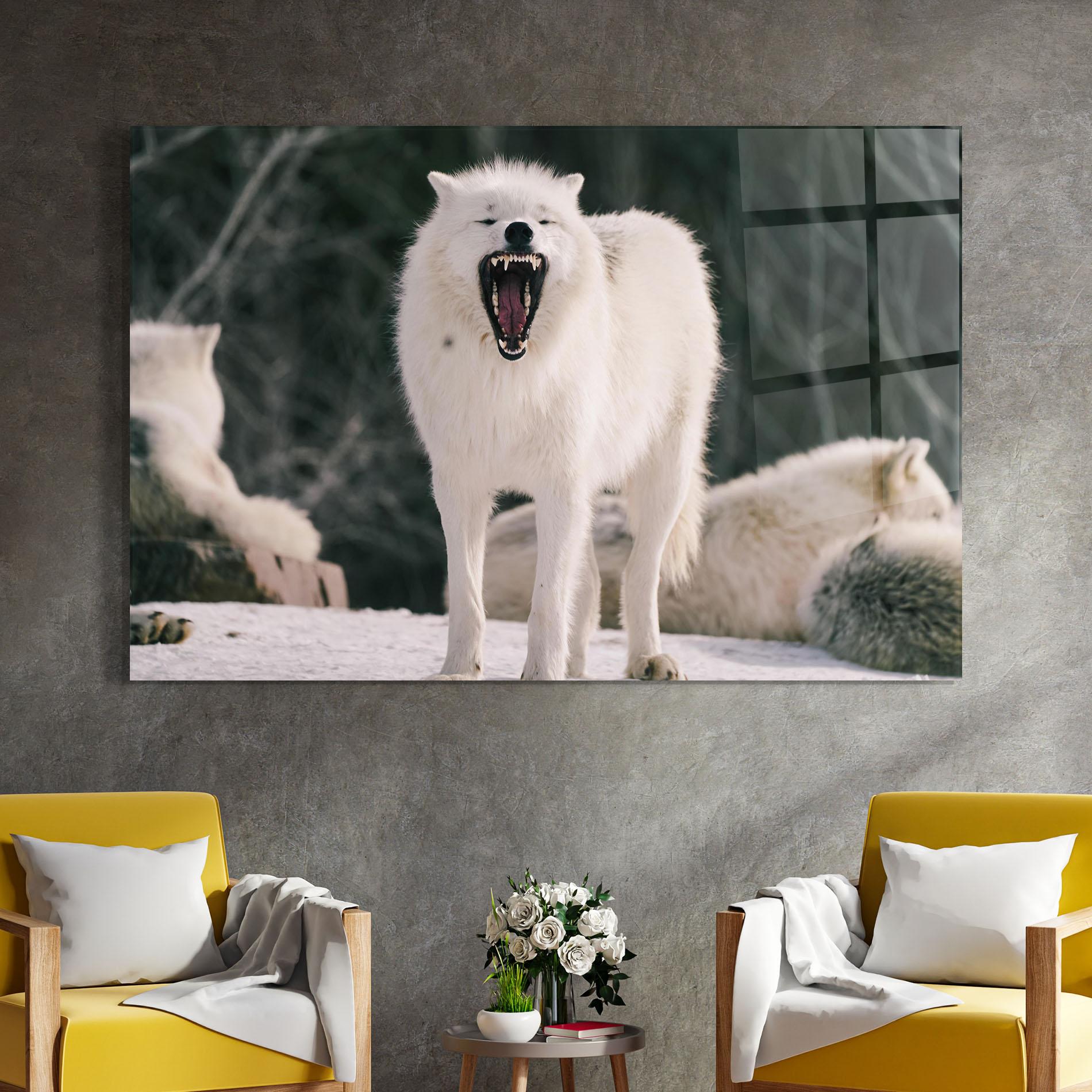 Glasbild Laughing White Wolf mockup 4