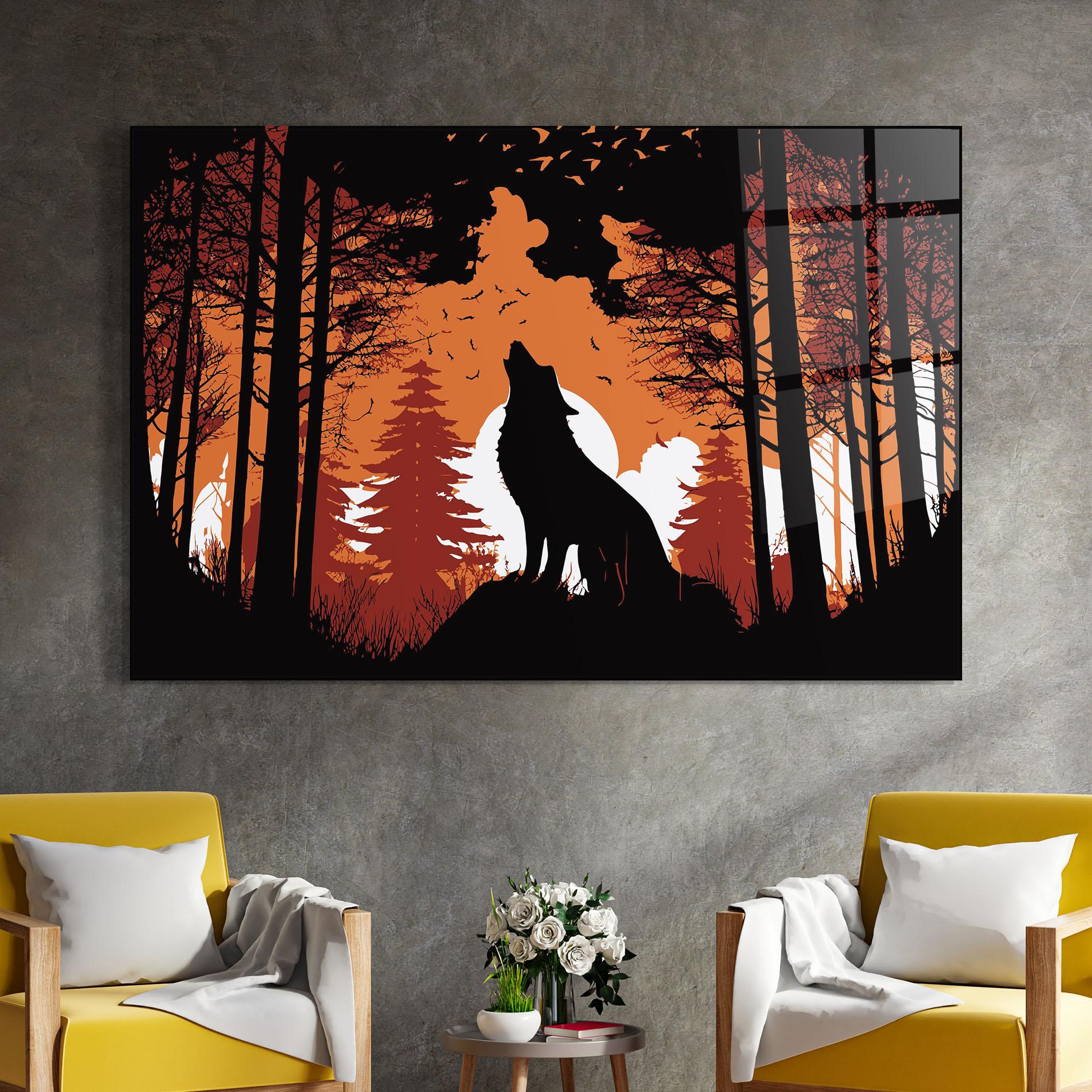 Glasbild Orange Sky Wolf mockup 4