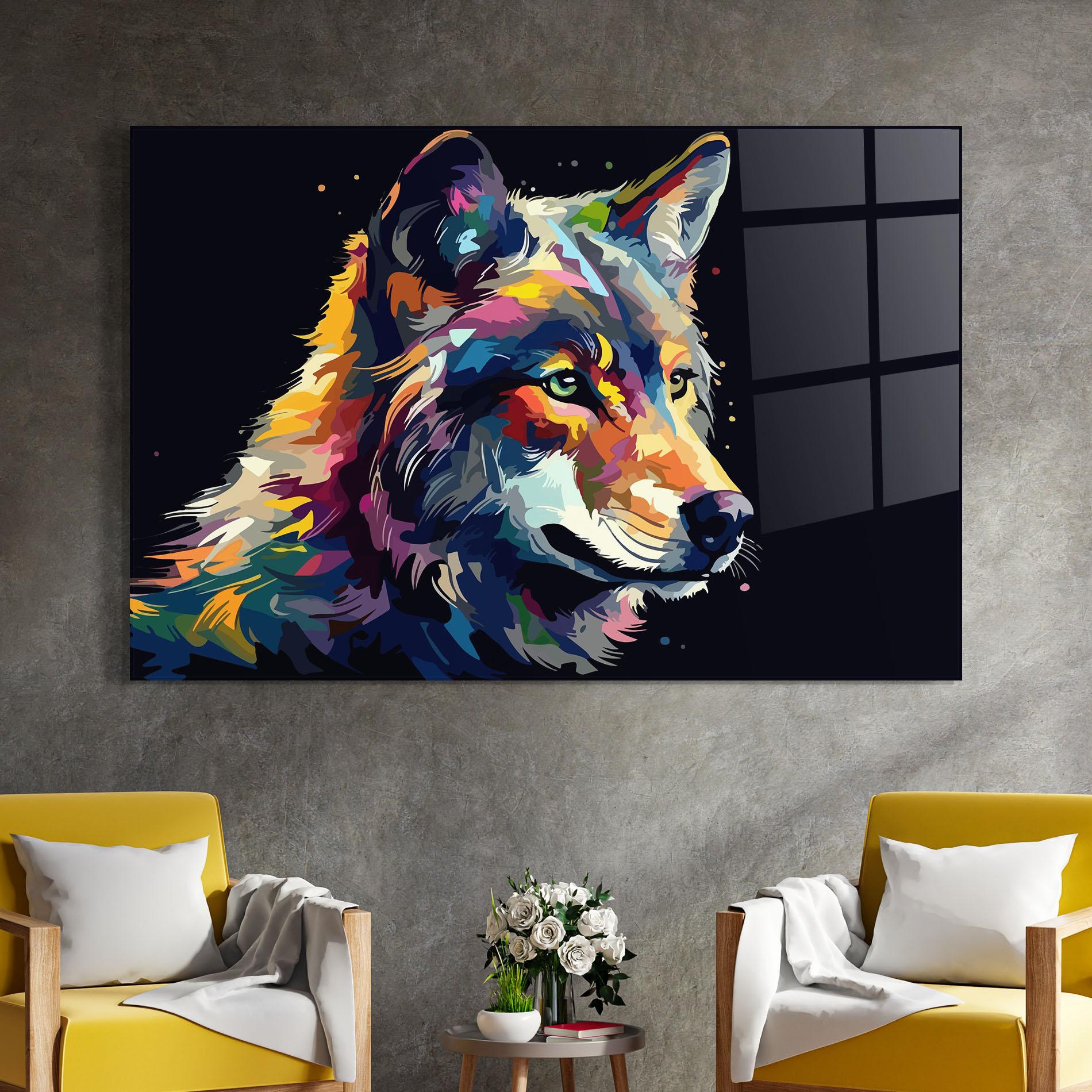 Glasbild Painted Wolf mockup 4