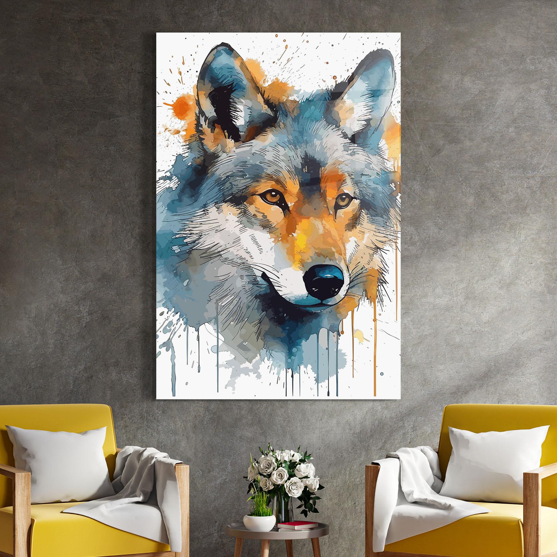 Glasbild Orange Watercolor Wolf mockup 4
