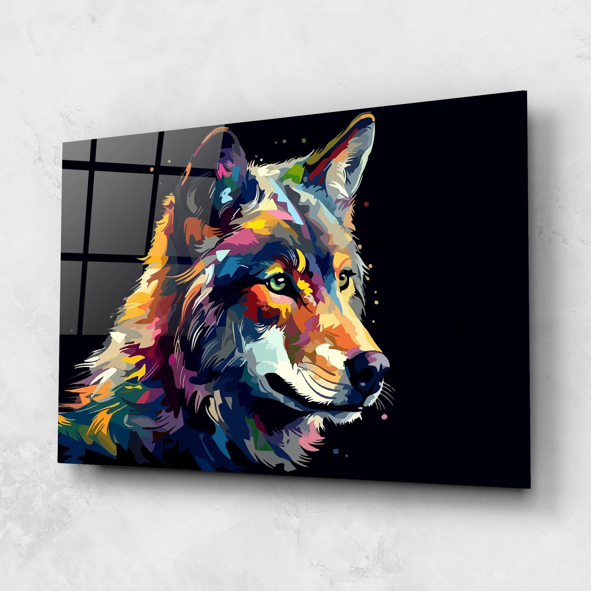Glasbild Painted Wolf mockup 1