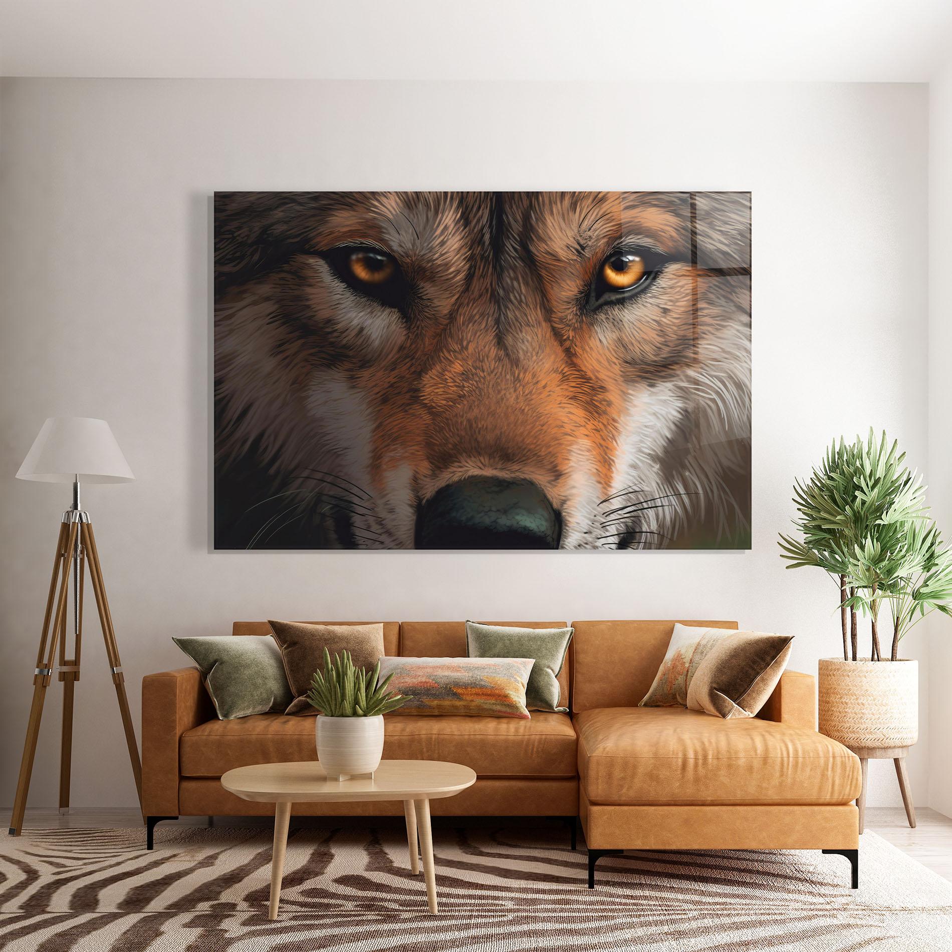 Glasbild Close Up Wolf Eyes mockup 7