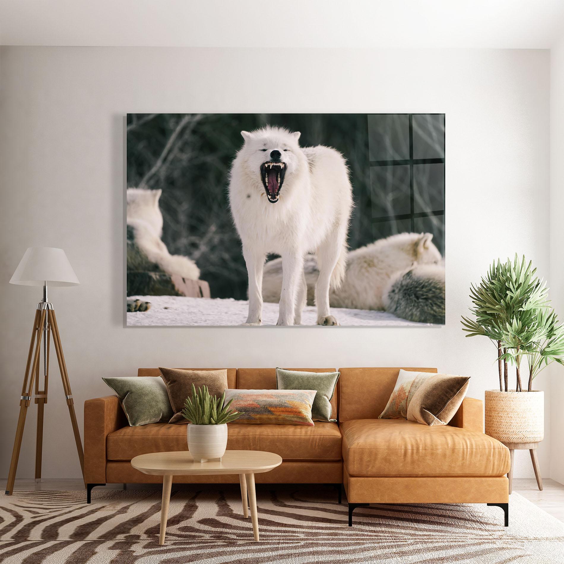 Glasbild Laughing White Wolf mockup 7