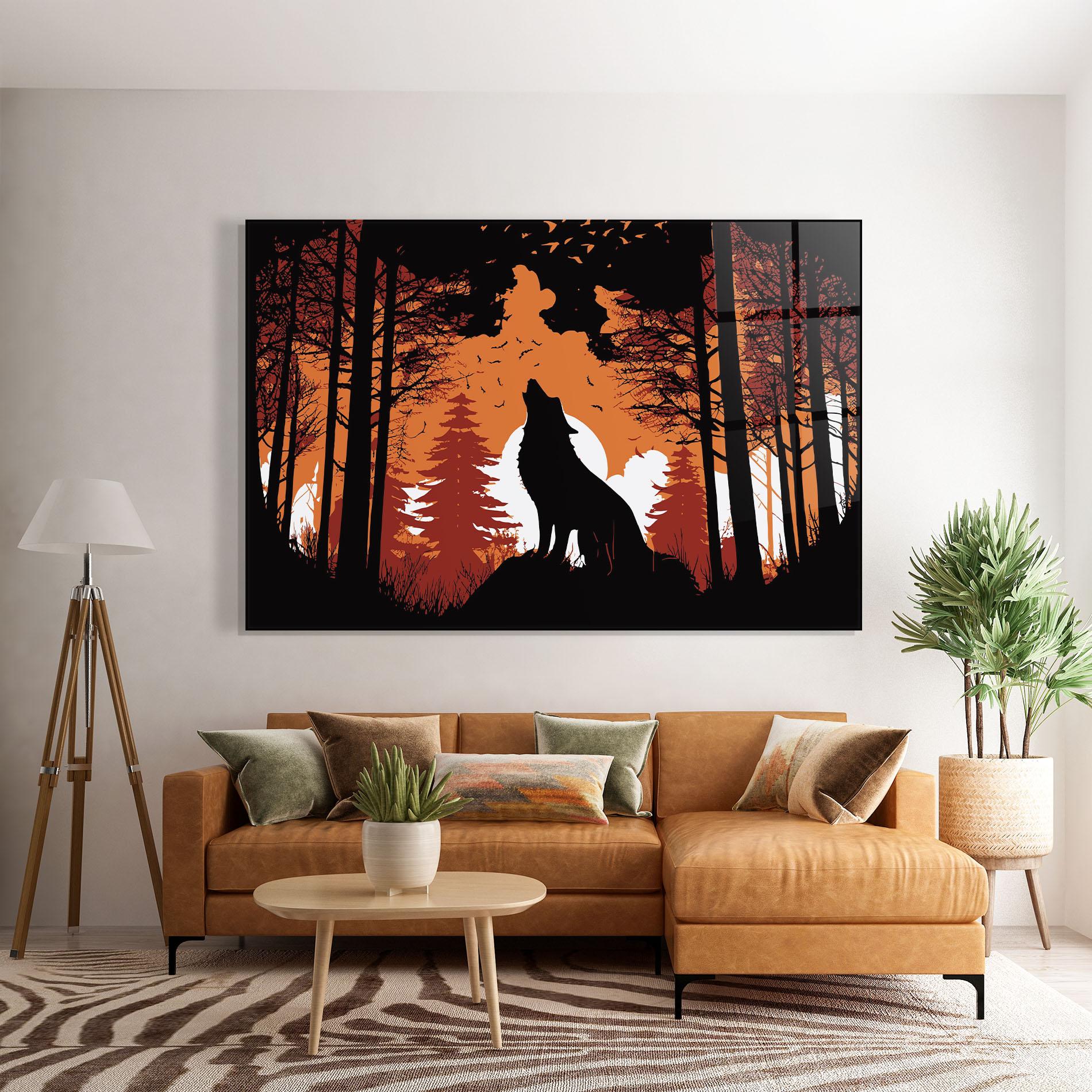Glasbild Orange Sky Wolf mockup 7