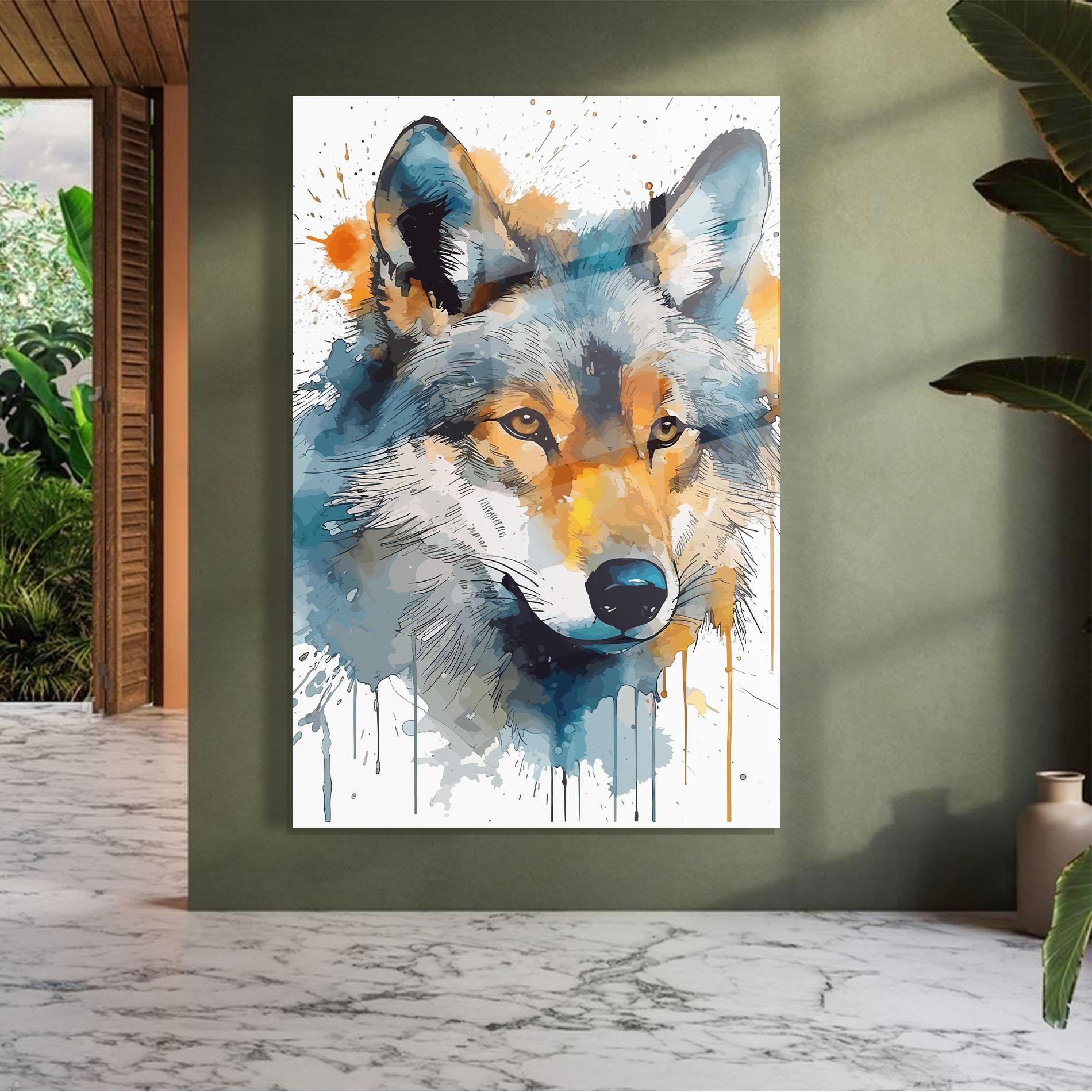 Glasbild Orange Watercolor Wolf mockup 7