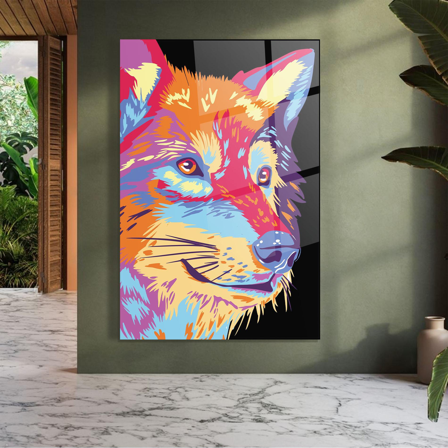 Glasbild Purple Orange Wolf mockup 7