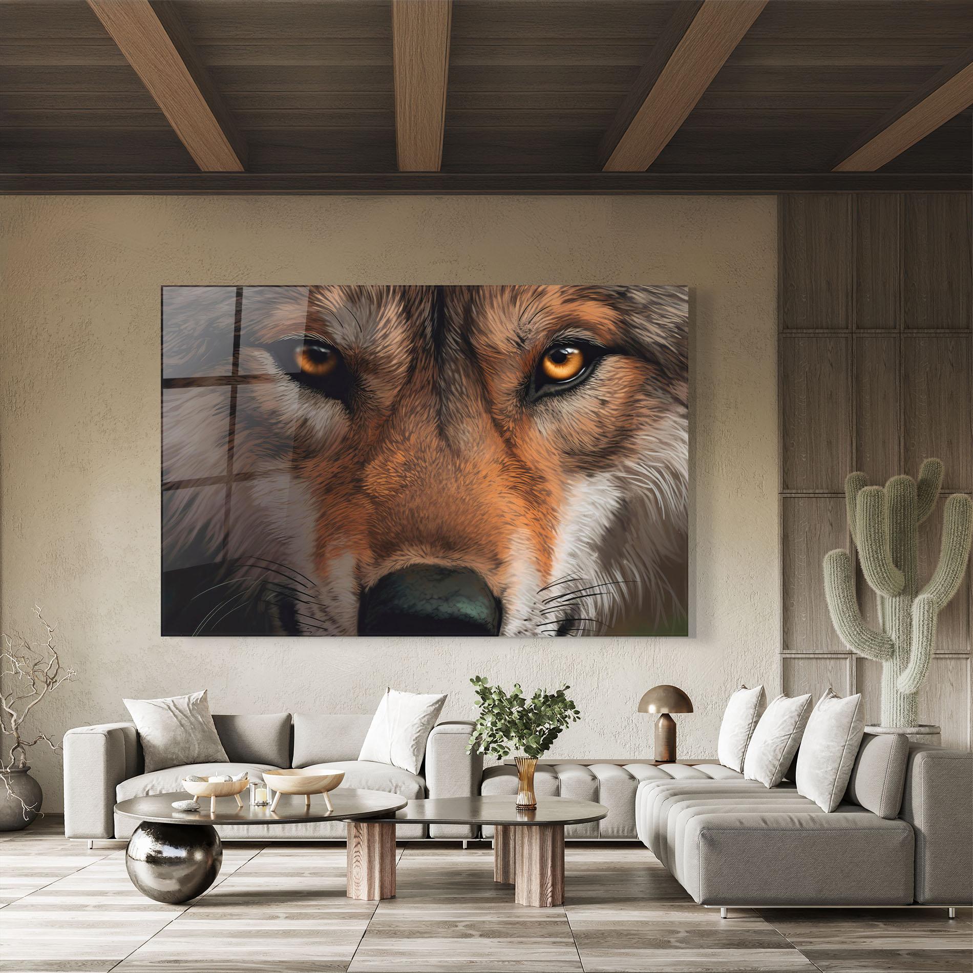 Glasbild Close Up Wolf Eyes mockup 8