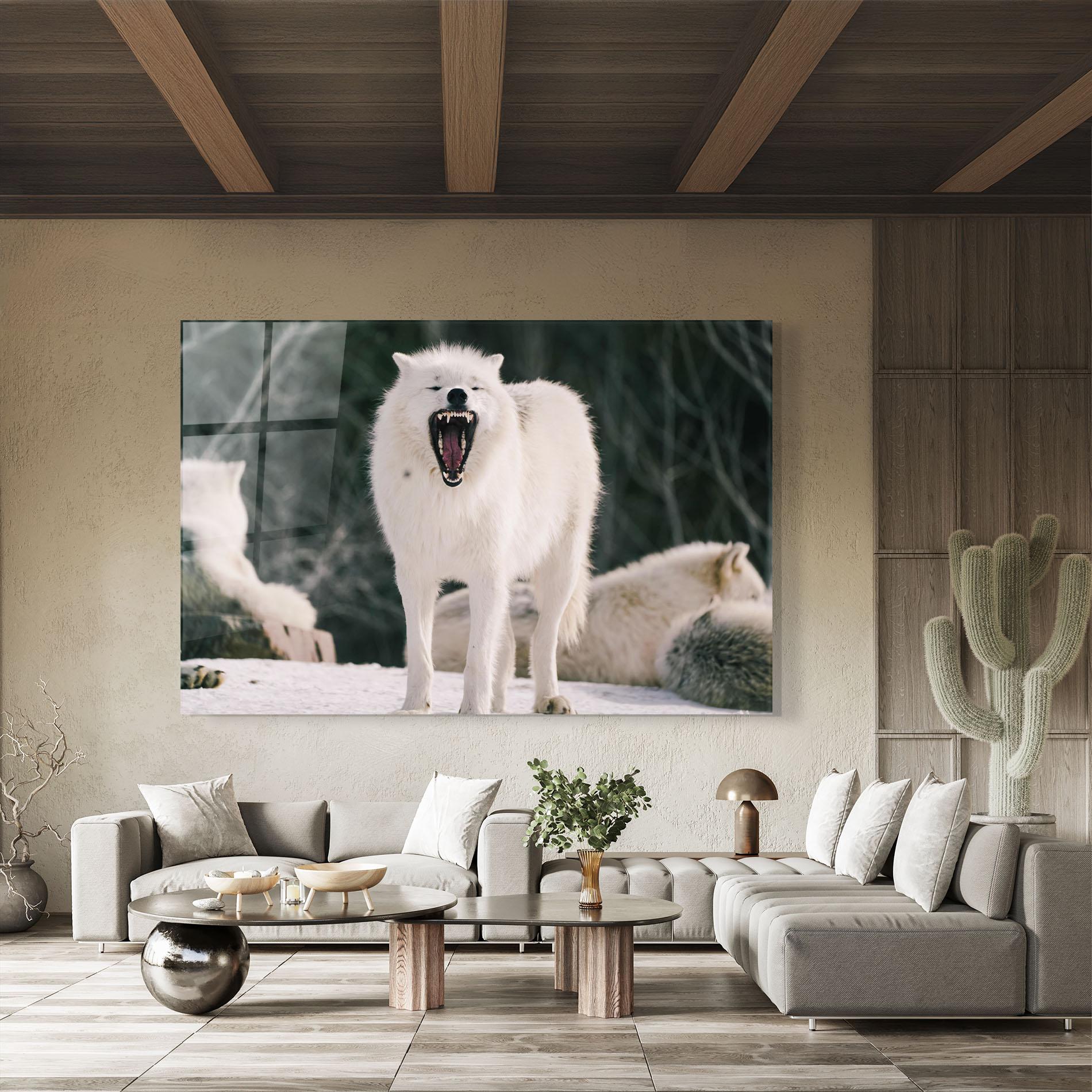 Glasbild Laughing White Wolf mockup 8