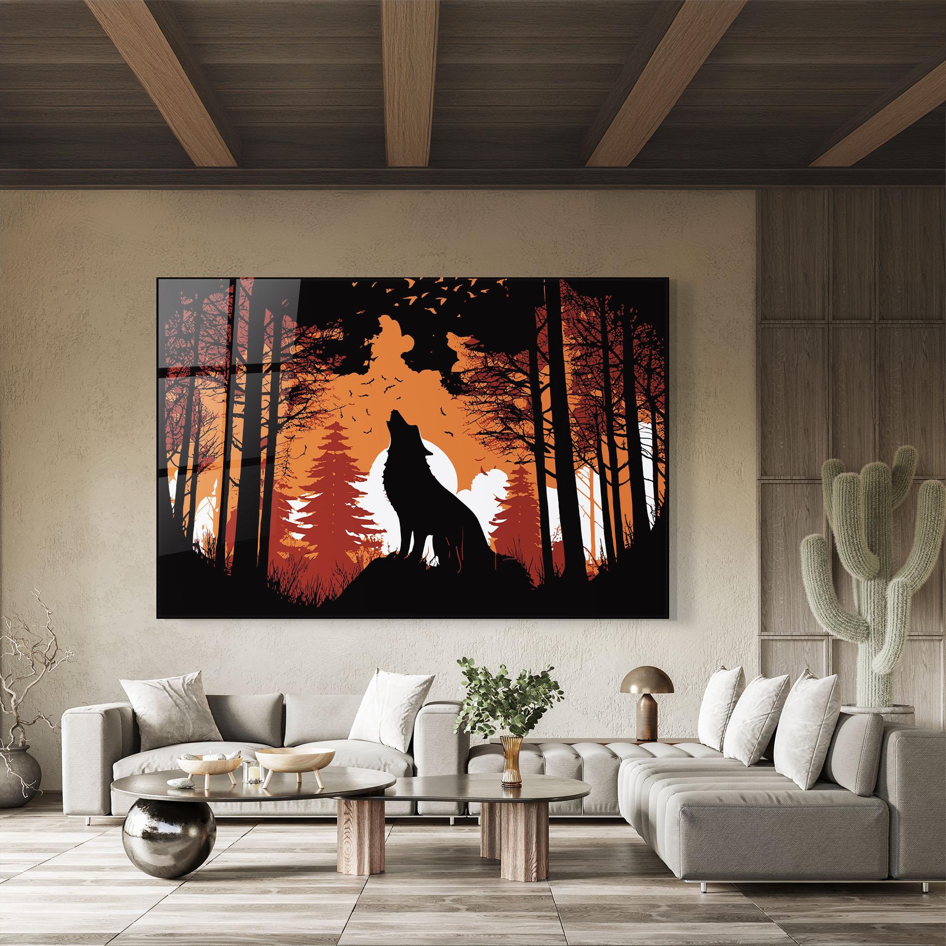 Glasbild Orange Sky Wolf mockup 8