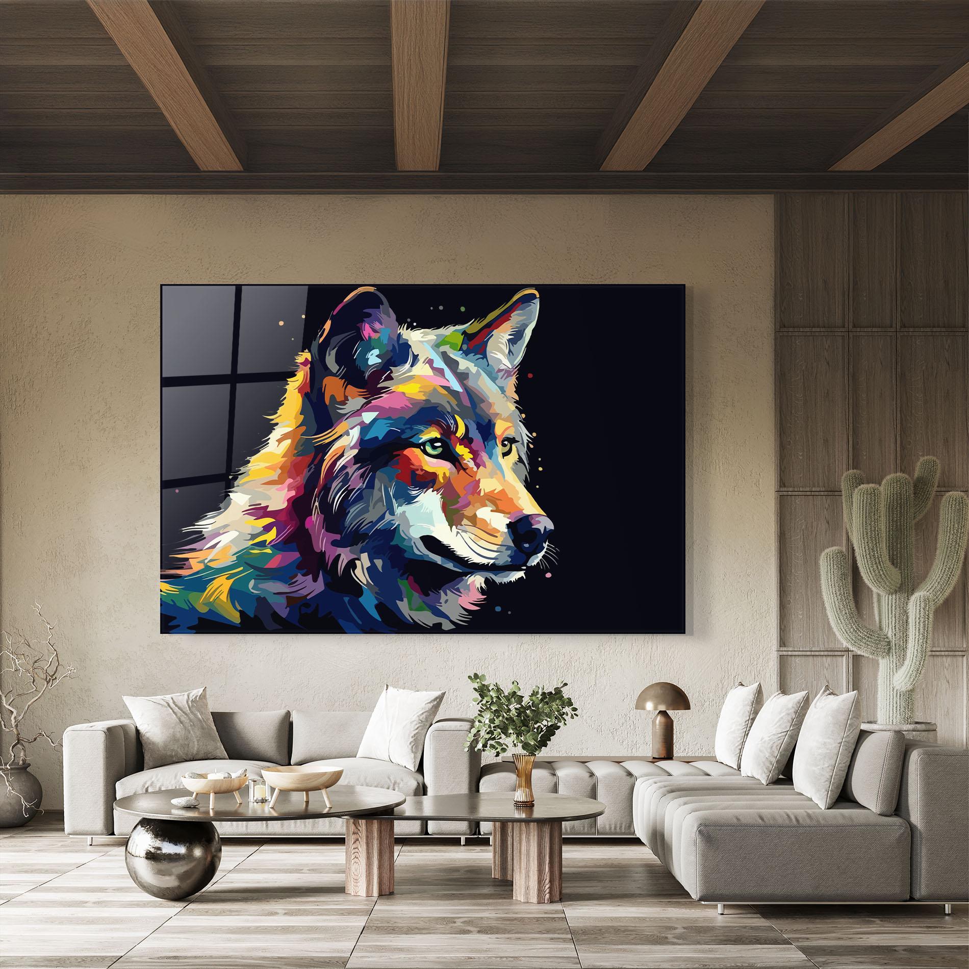 Glasbild Painted Wolf mockup 8