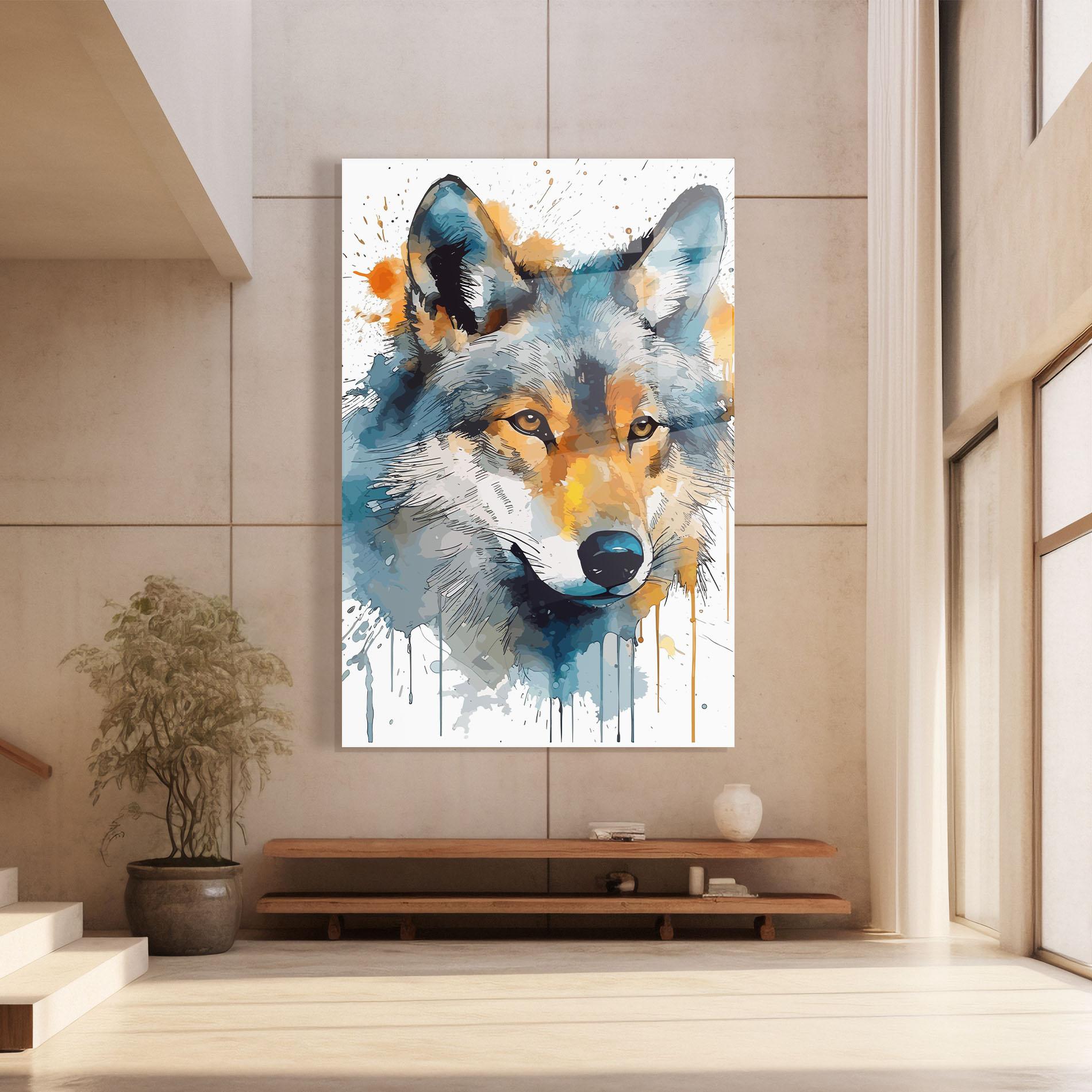 Glasbild Orange Watercolor Wolf mockup 8
