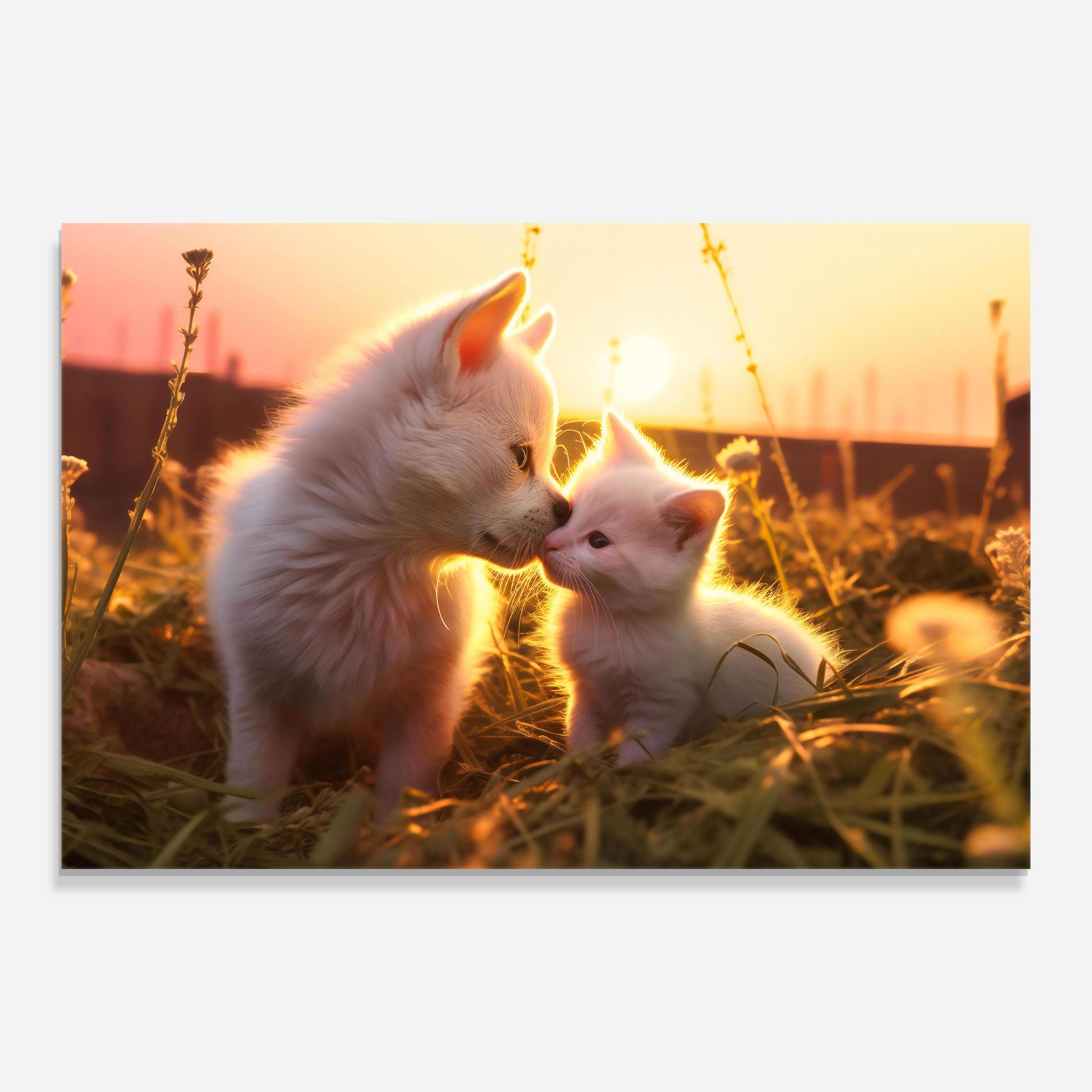 Glasbild White Cat And Puppy mockup 0