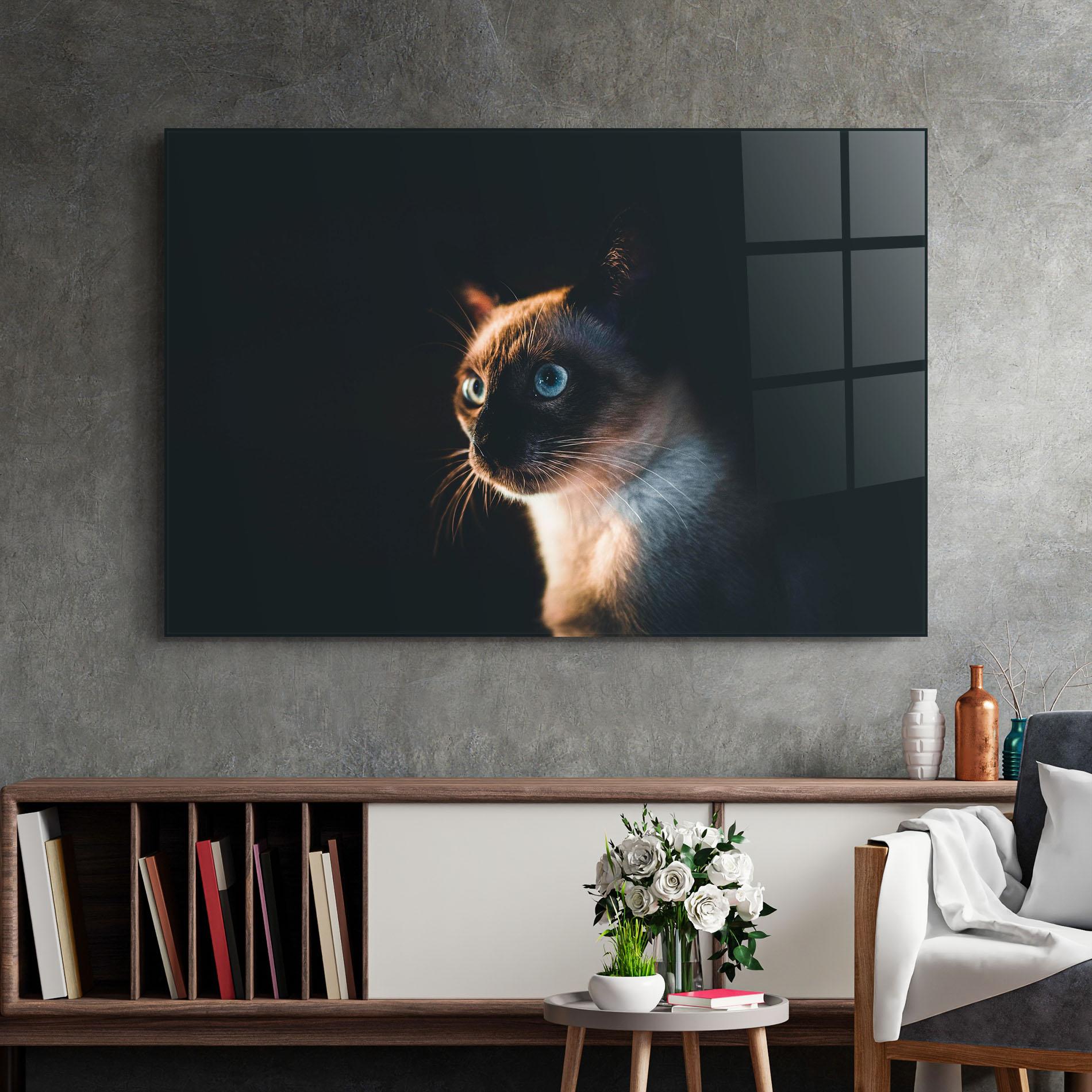 Glasbild Blue Eyes Cat In Dark mockup 2