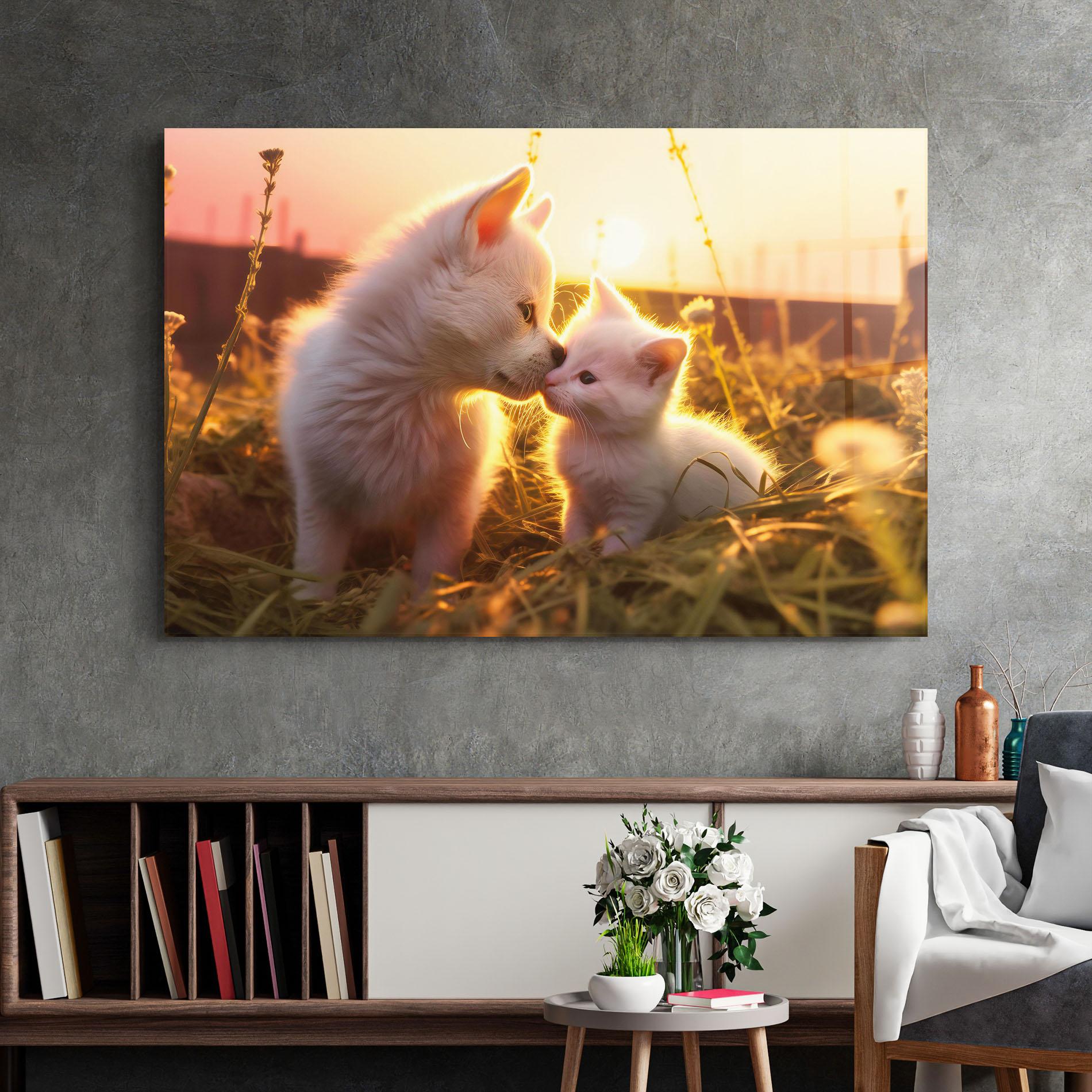 Glasbild White Cat And Puppy mockup 2