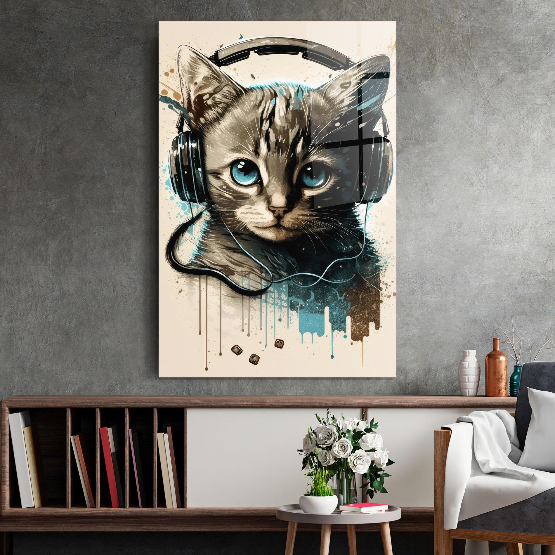 Glasbild Headphones Cute Cat mockup 2